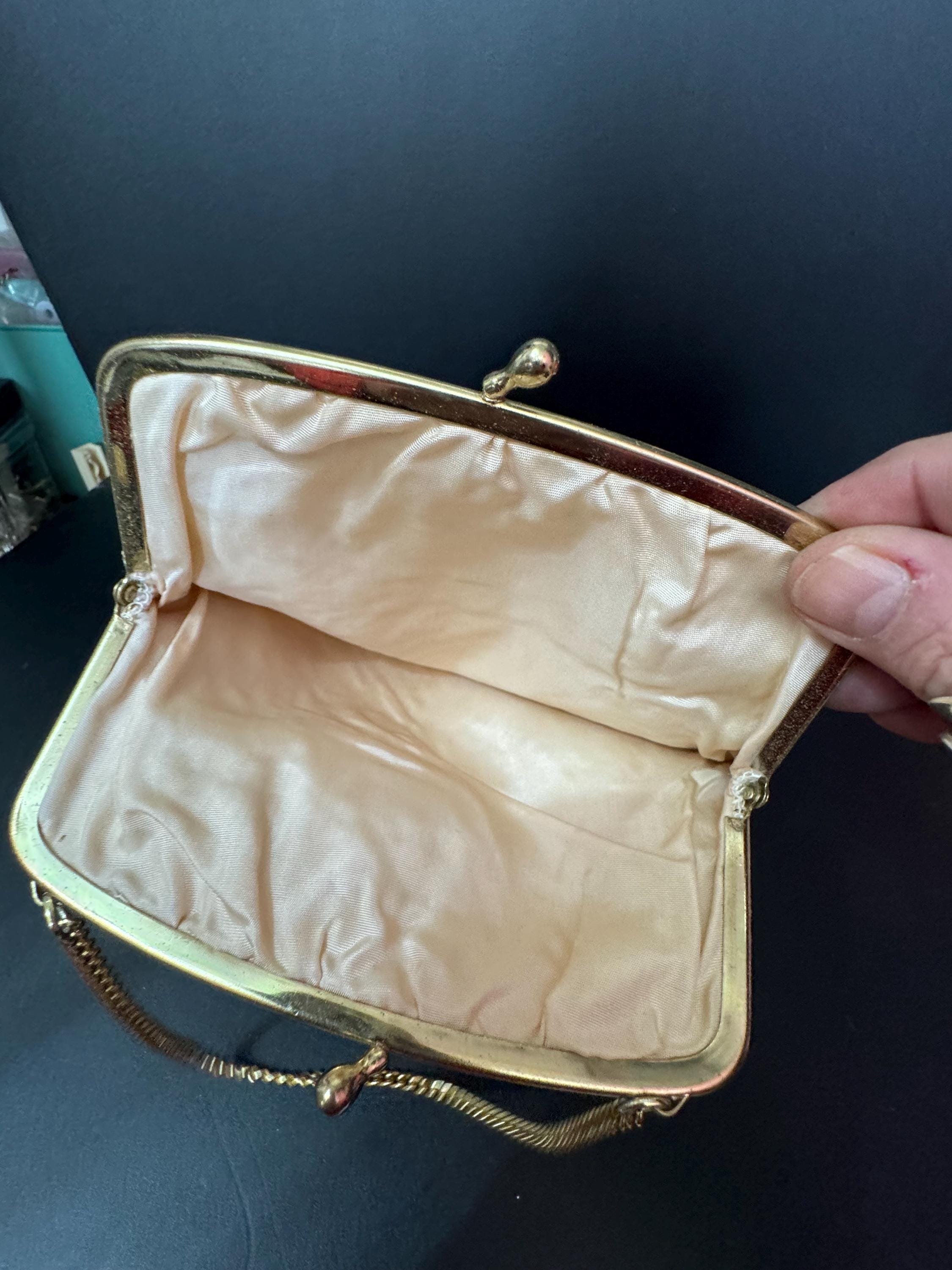 Vintage gold Lurex lame clutch Evening bag cosmetics chain Purse 1960s 1970s
