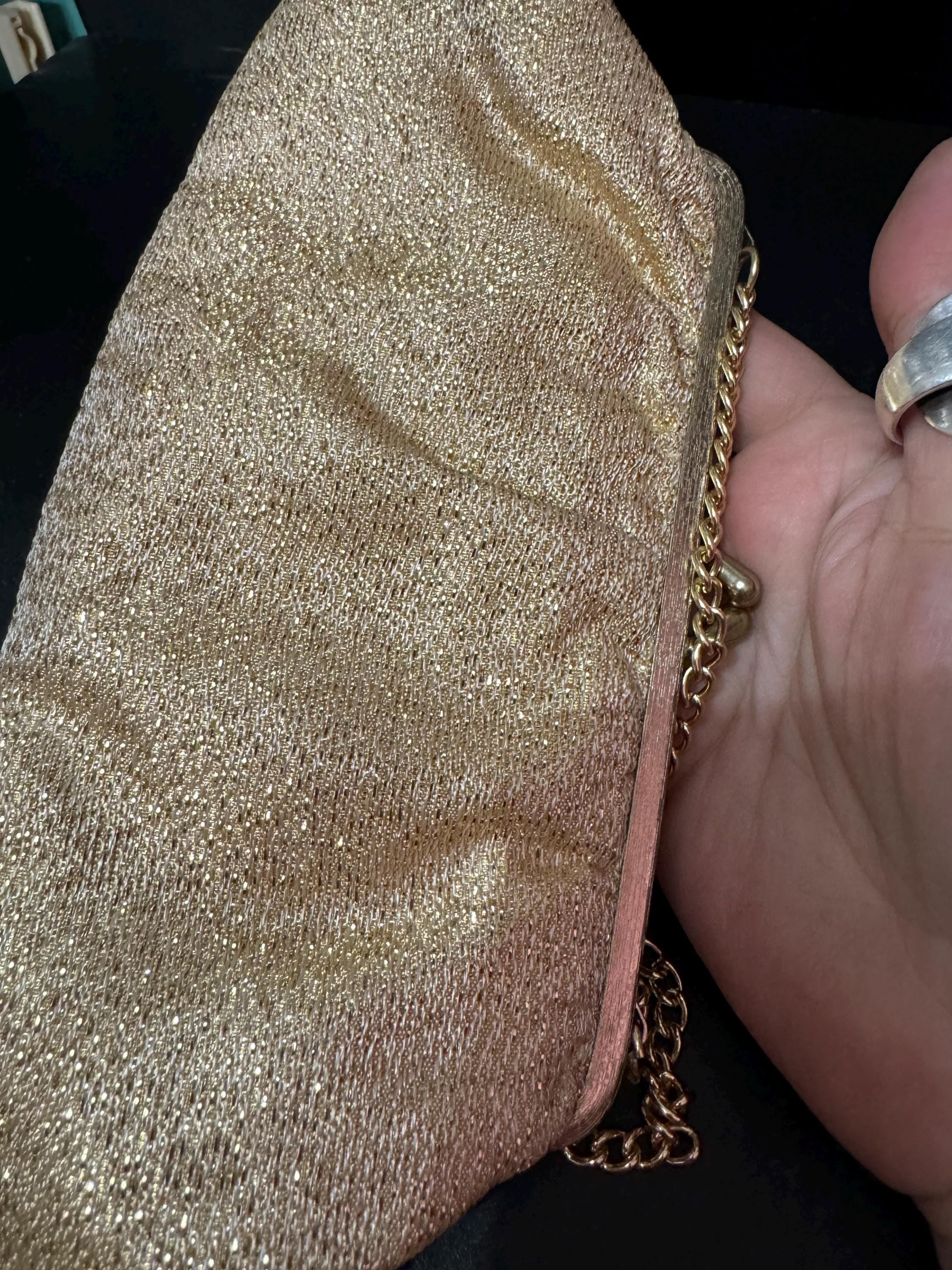 Vintage gold Lurex lame clutch Evening bag cosmetics chain Purse 1960s 1970s