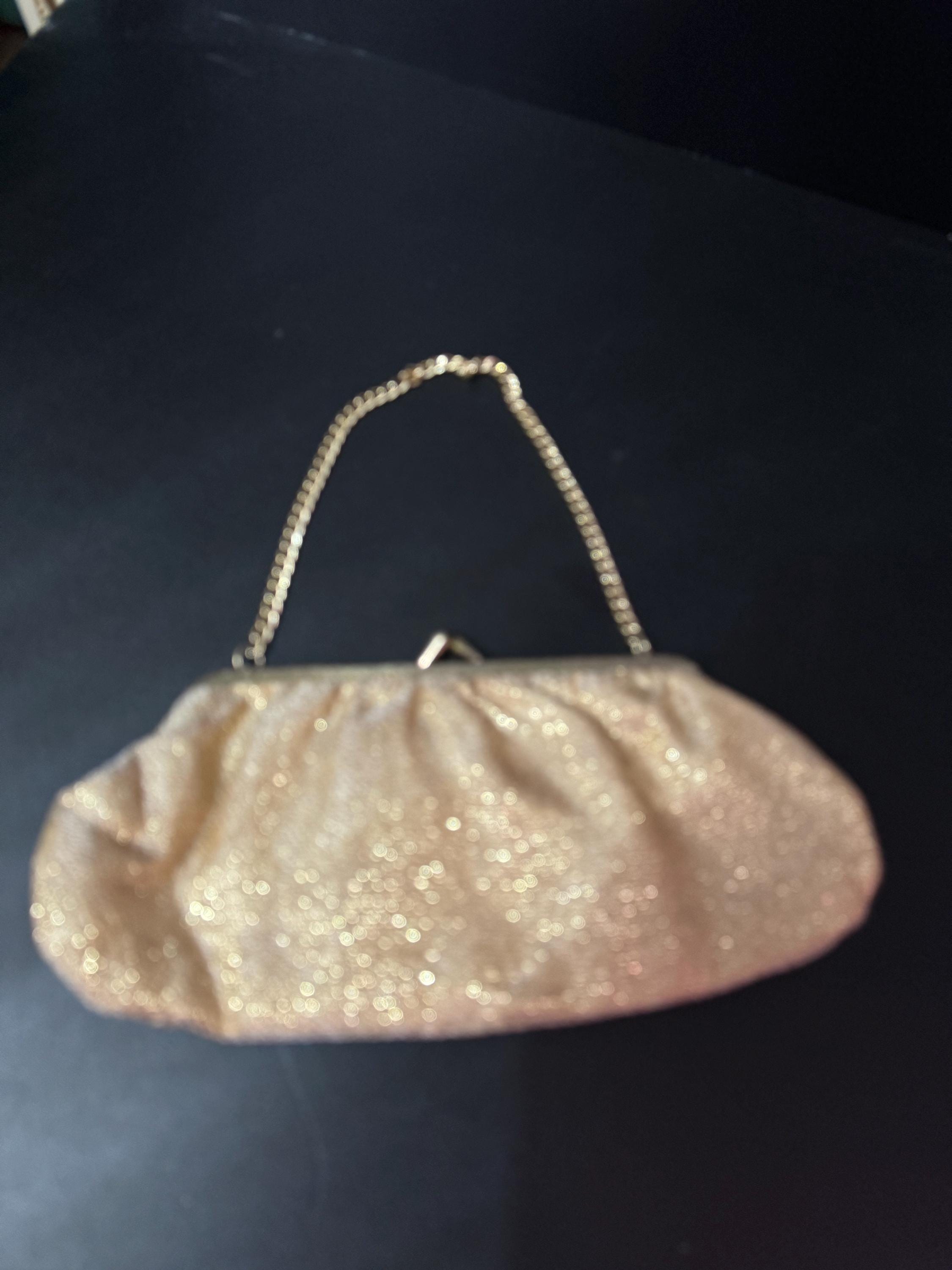 Vintage gold Lurex lame clutch Evening bag cosmetics chain Purse 1960s 1970s