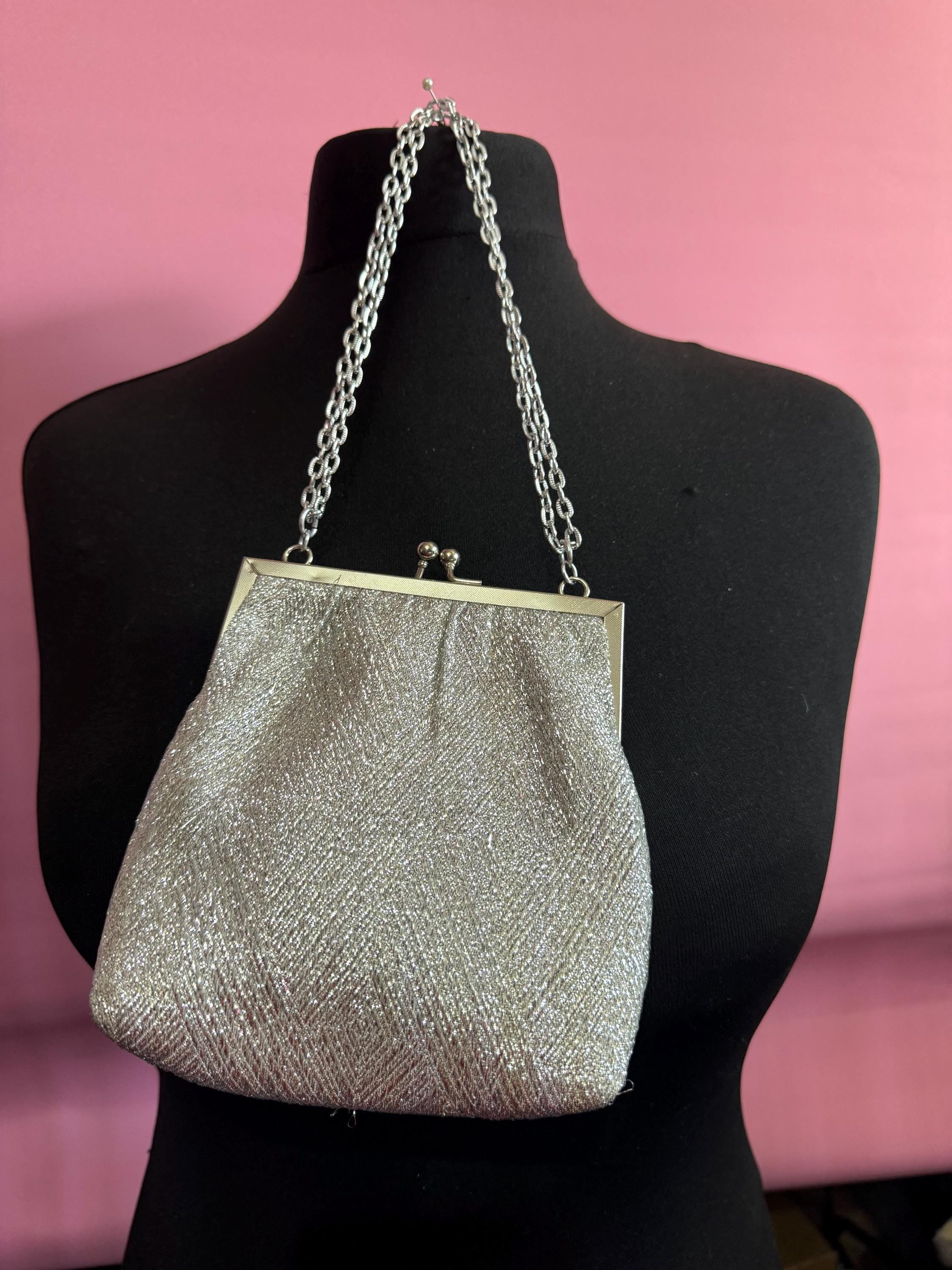 Vintage silver lurex glittery lame Evening bag cosmetics chain Purse 1960s 1970s