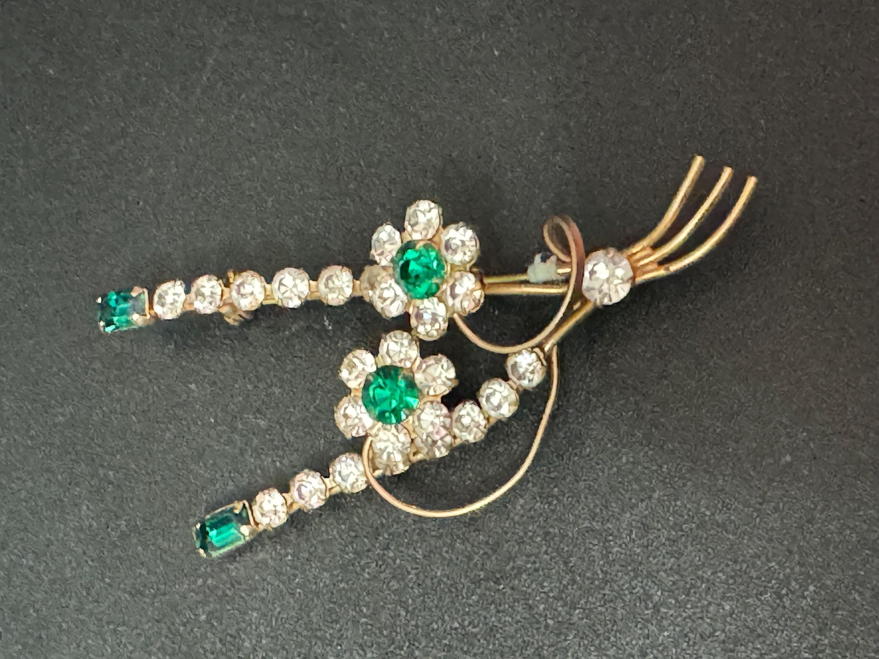 Vintage MCM gold tone clear and emerald green rhinestone paste floral brooch 1950s 1960s