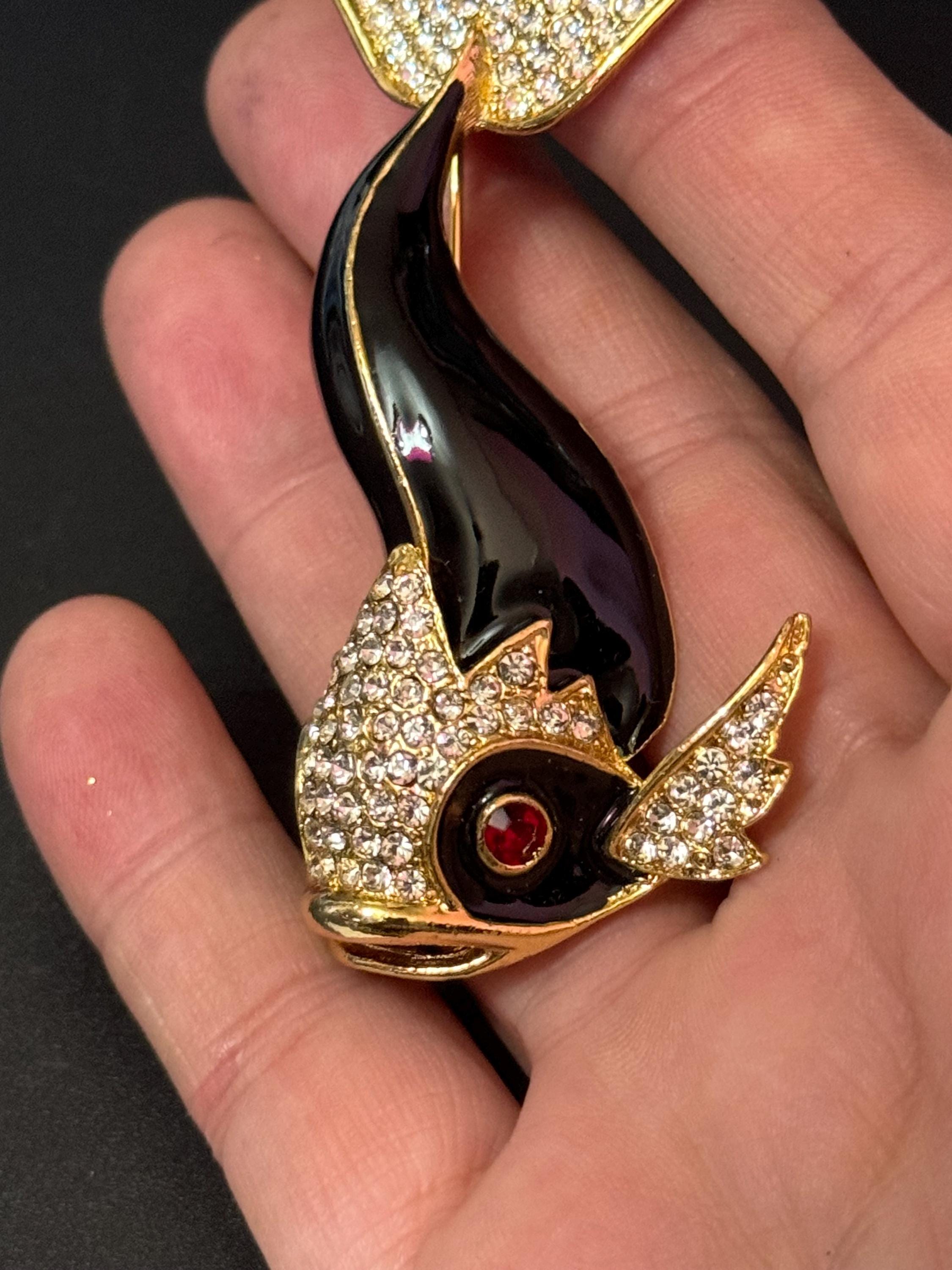 Vintage 1980s Gold tone Black enamel  fish brooch with ruby glass eyes 8cm