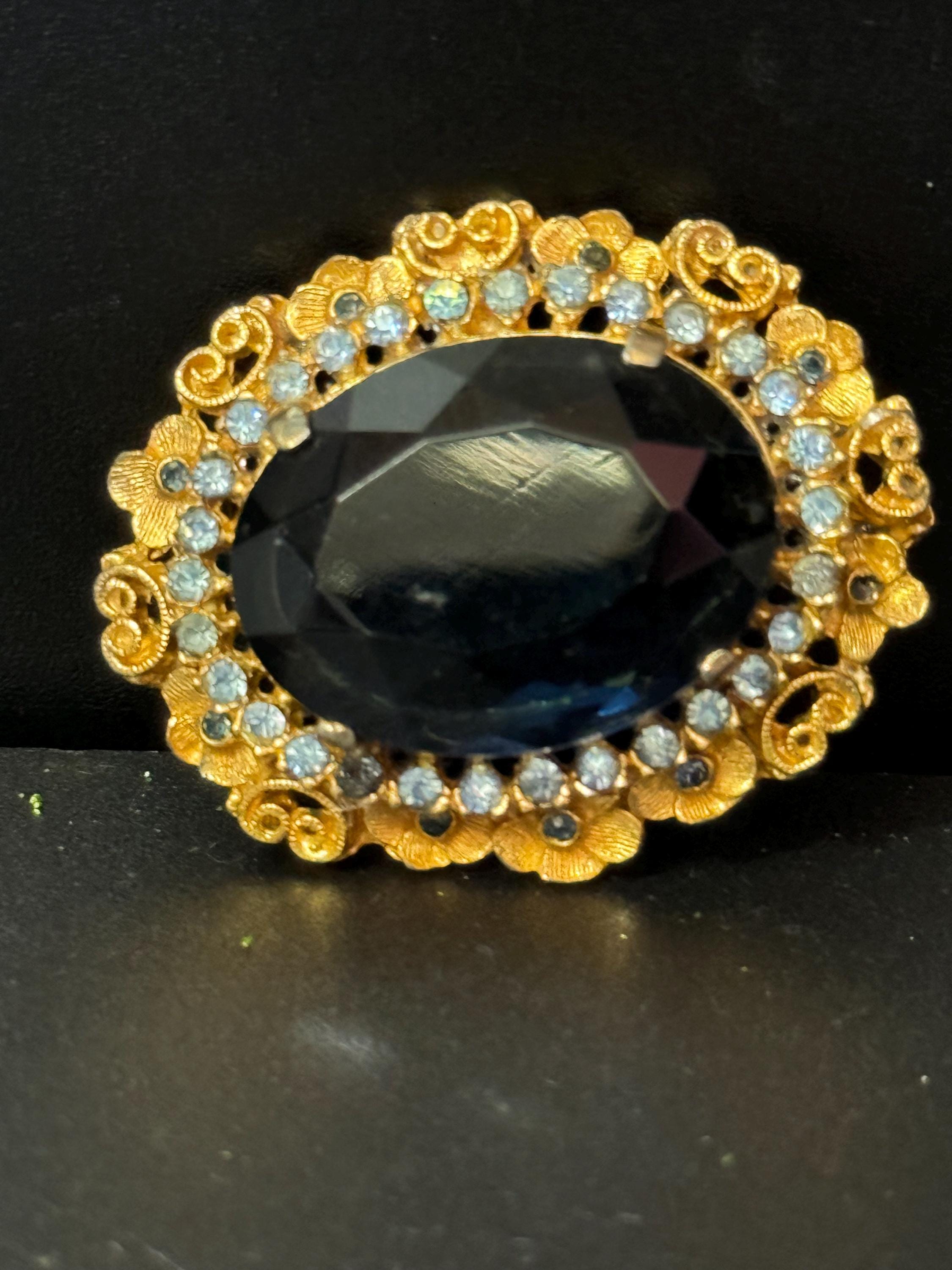 vintage large sapphire blue rhinestone glass oval diamanté brooch 6cm