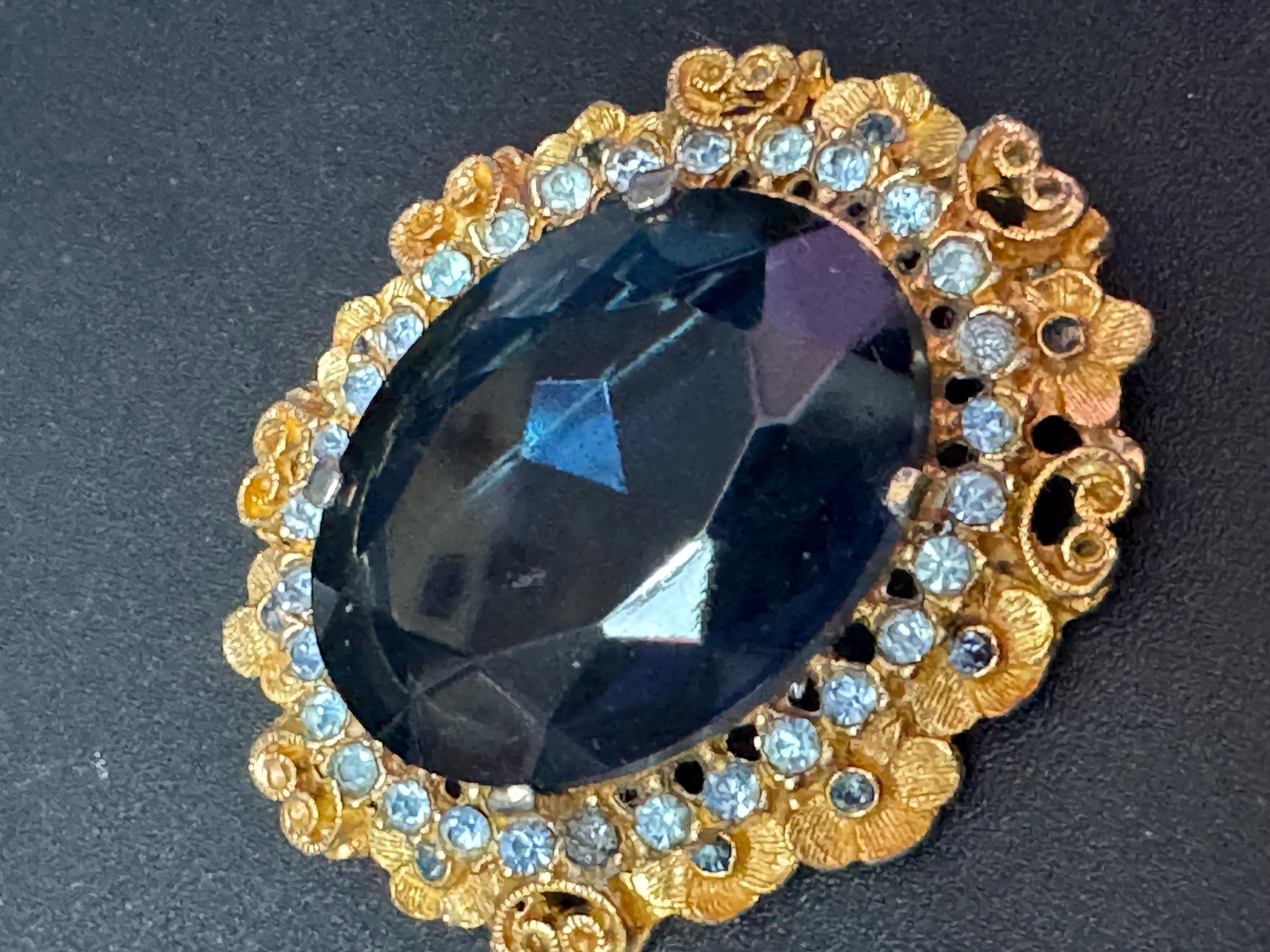vintage large sapphire blue rhinestone glass oval diamanté brooch 6cm