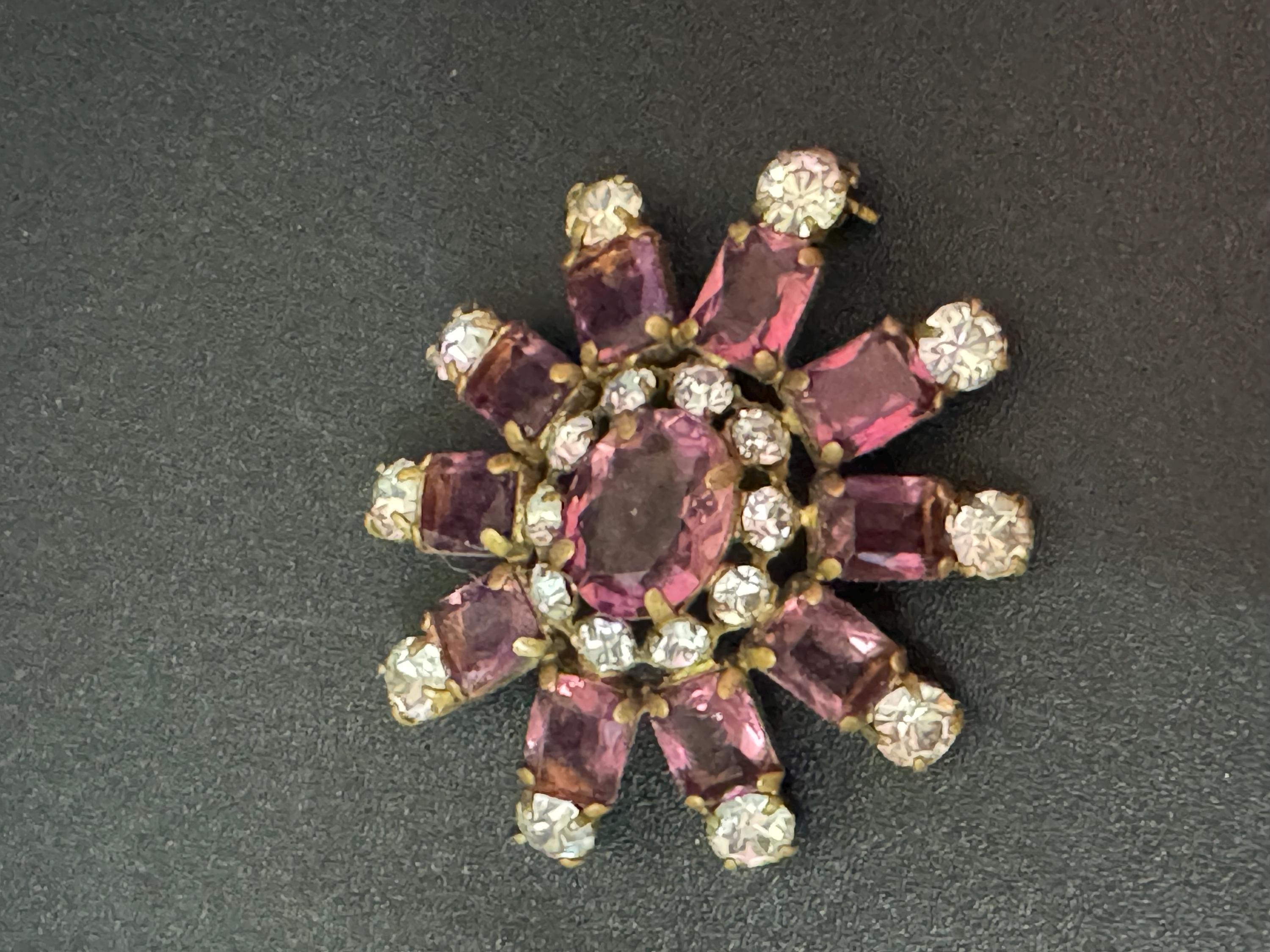 Vintage amethyst purple and clear diamanté rhinestone floral Brooch