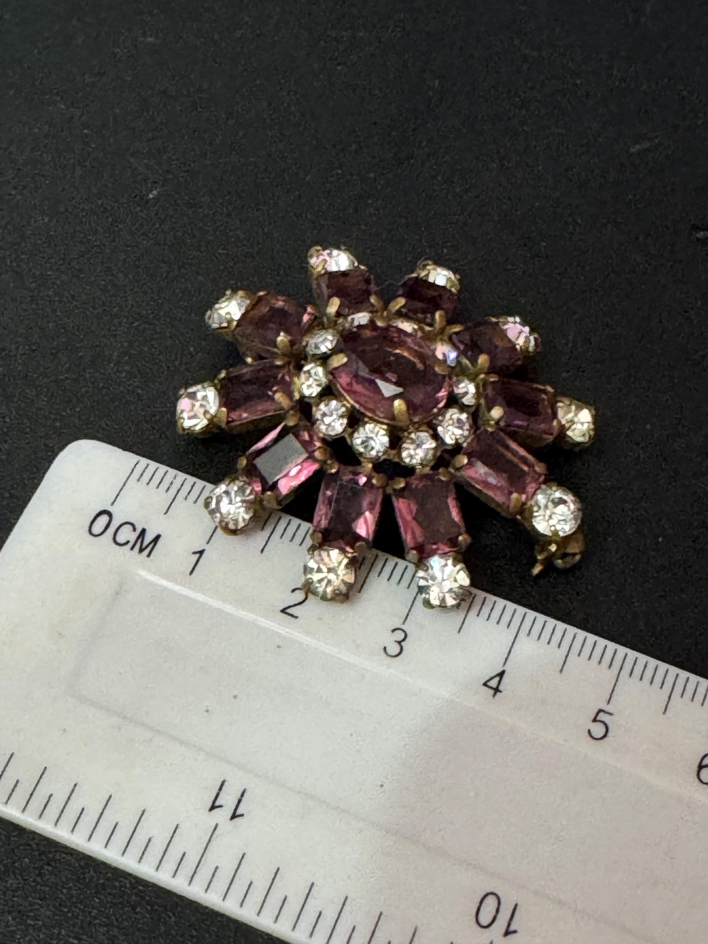 Vintage amethyst purple and clear diamanté rhinestone floral Brooch