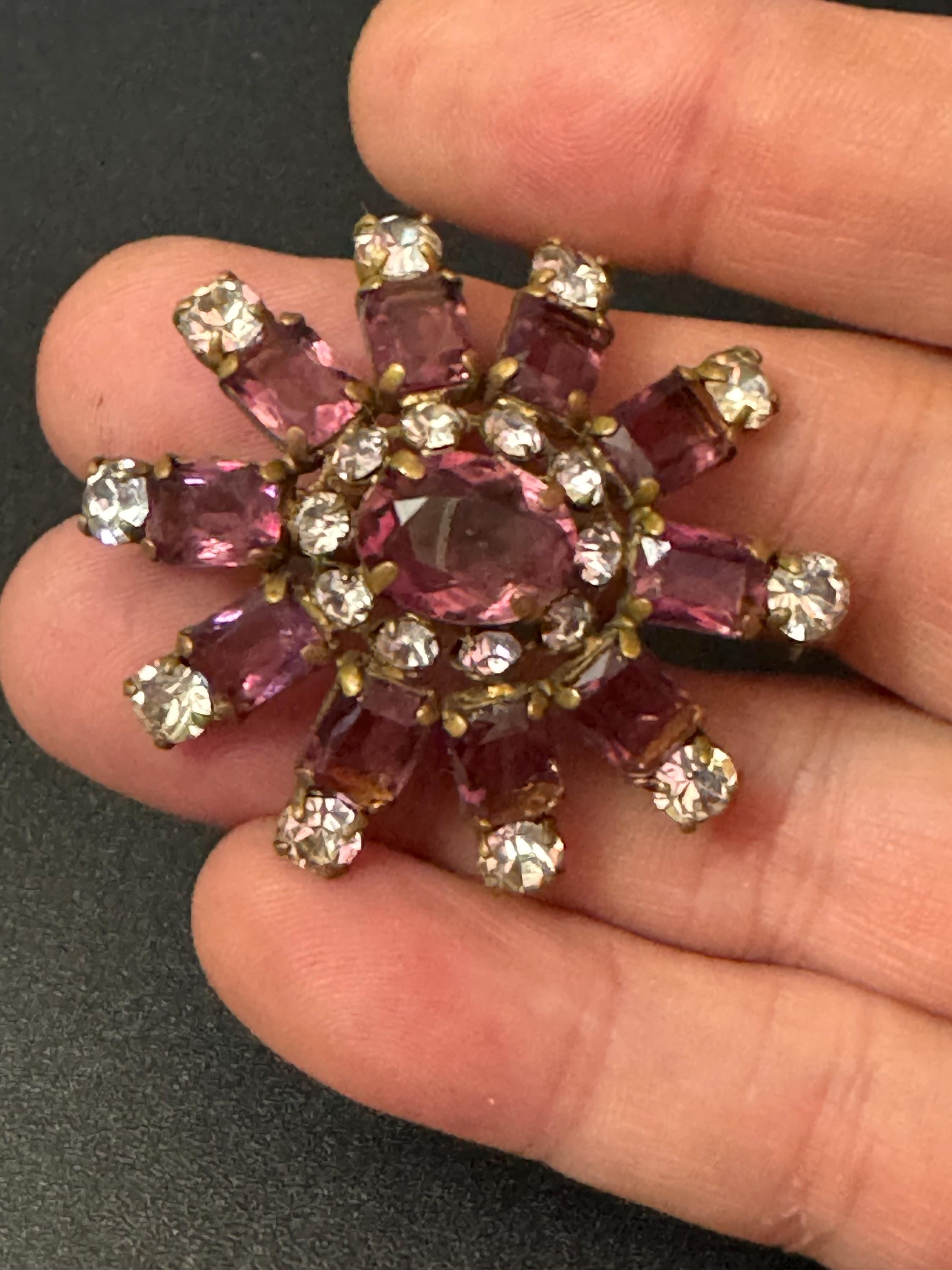 Vintage amethyst purple and clear diamanté rhinestone floral Brooch