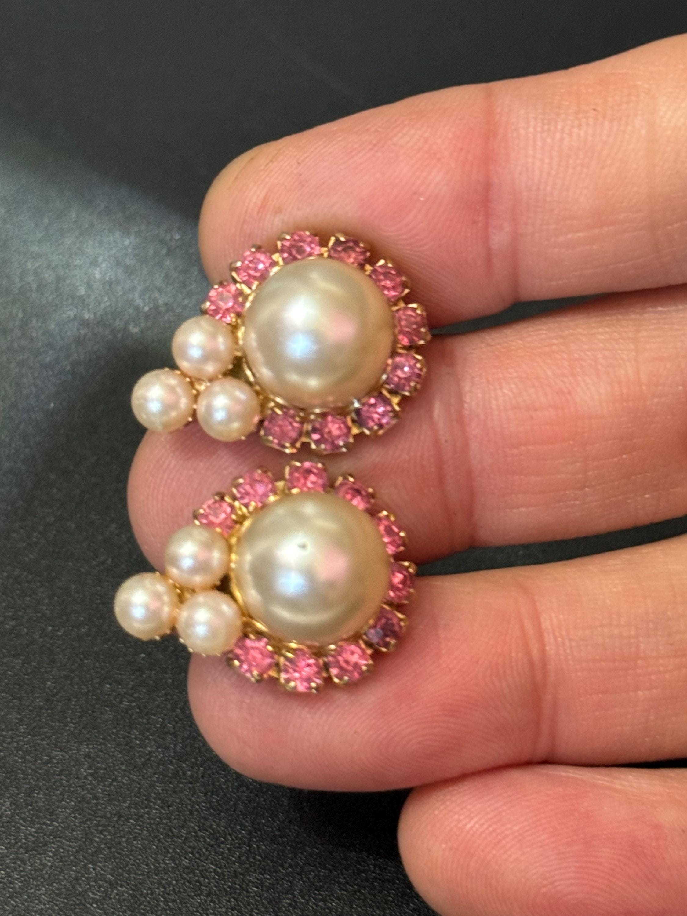 Vintage pink Rhinestone Diamanté faux pearl Clip On Earrings screw back