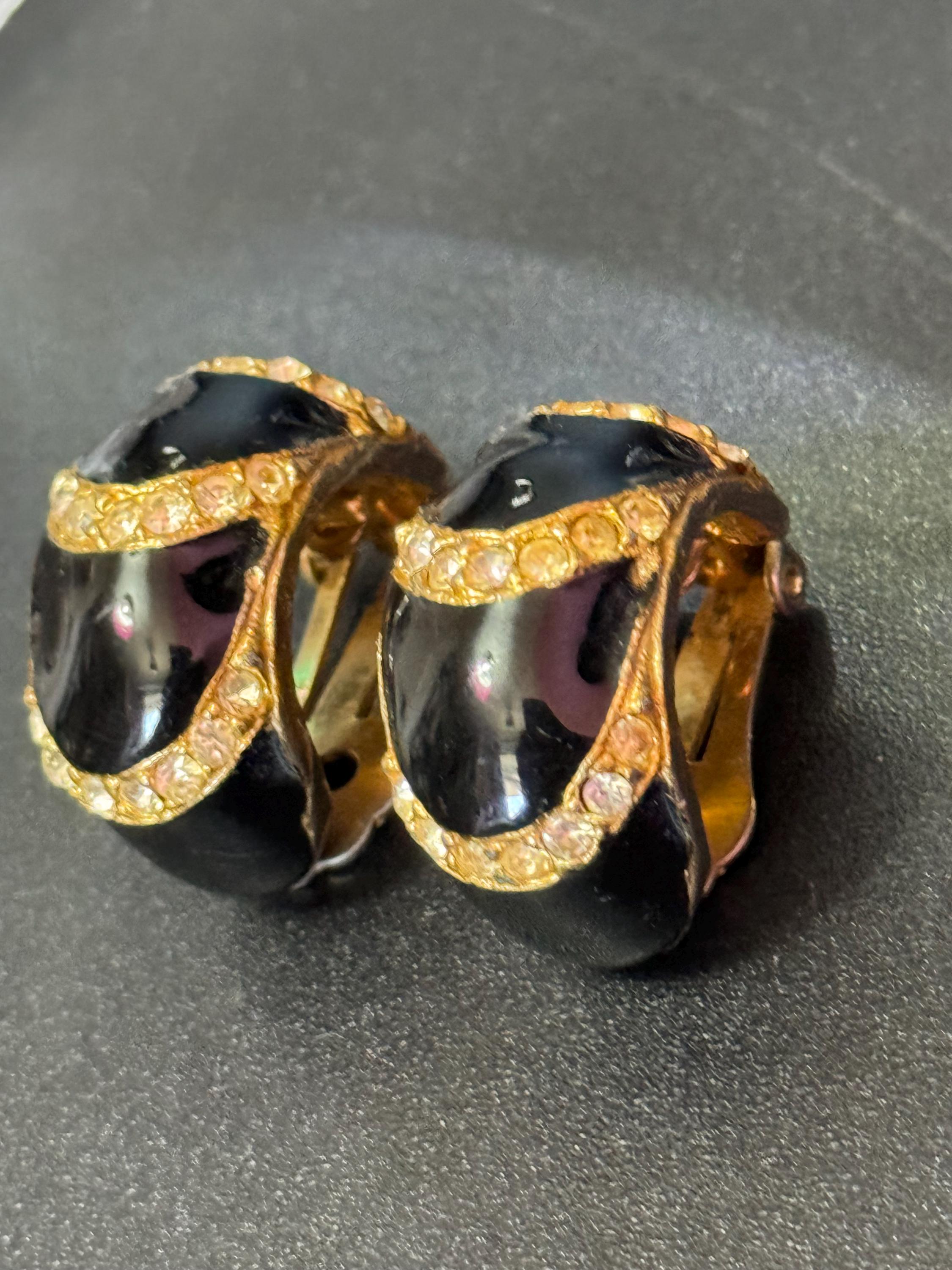 Black enamel clear diamanté Clip On Earrings half hoop studs