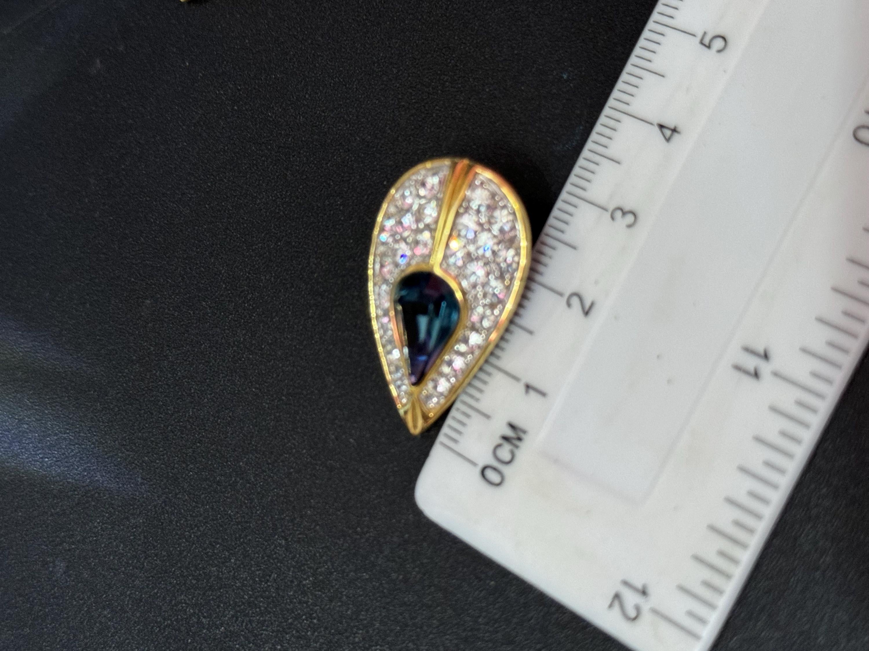 Vintage teardrop Clip On Earrings Sapphire blue and clear rhinestone Diamanté