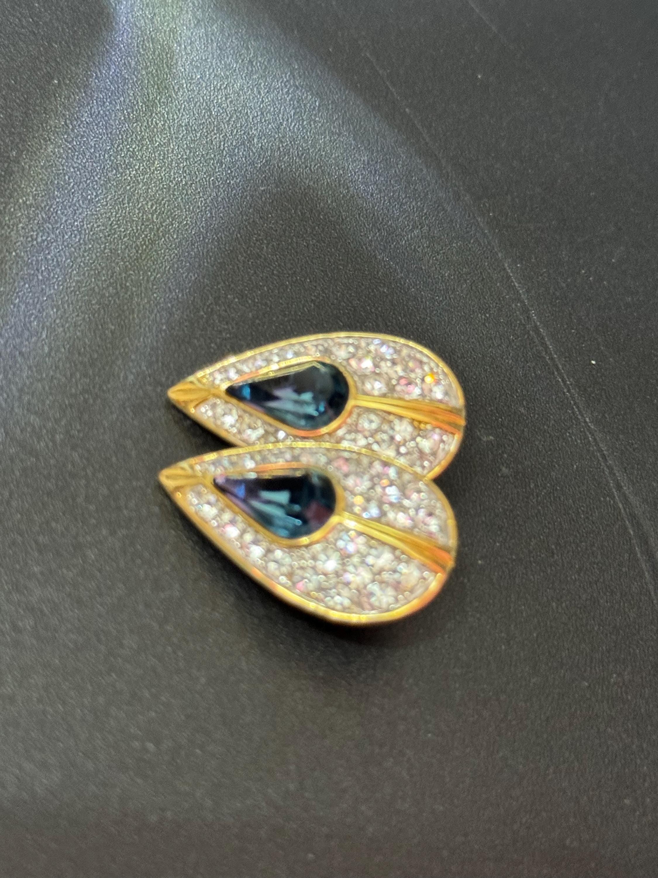 Vintage teardrop Clip On Earrings Sapphire blue and clear rhinestone Diamanté
