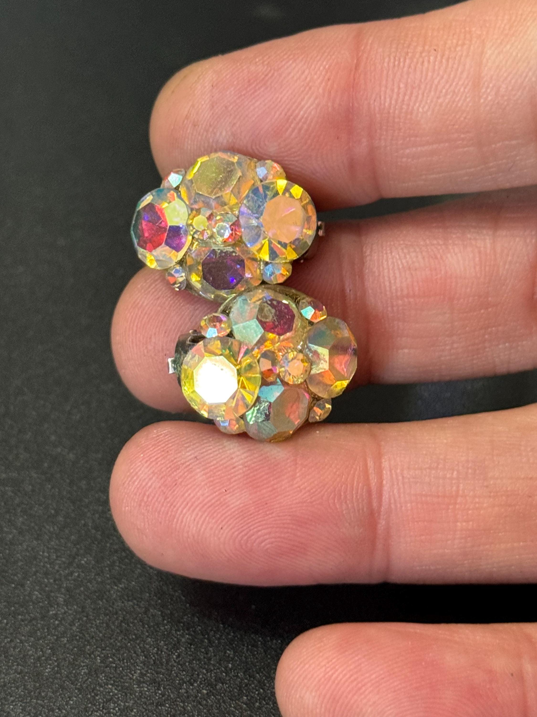 Small Vintage clear rainbow AB lustre glass rhinestone Cluster Clip On stud Earrings