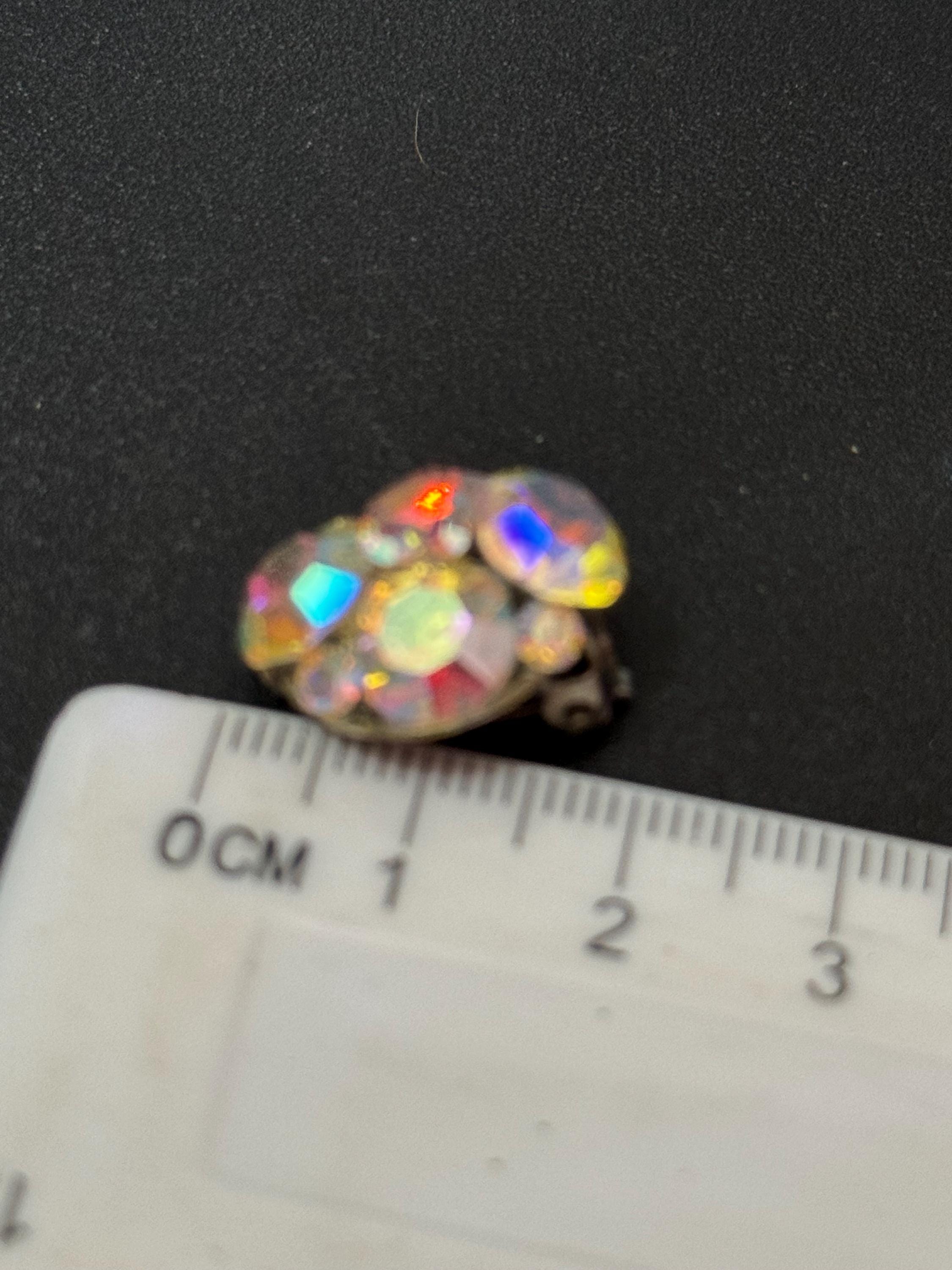 Small Vintage clear rainbow AB lustre glass rhinestone Cluster Clip On stud Earrings