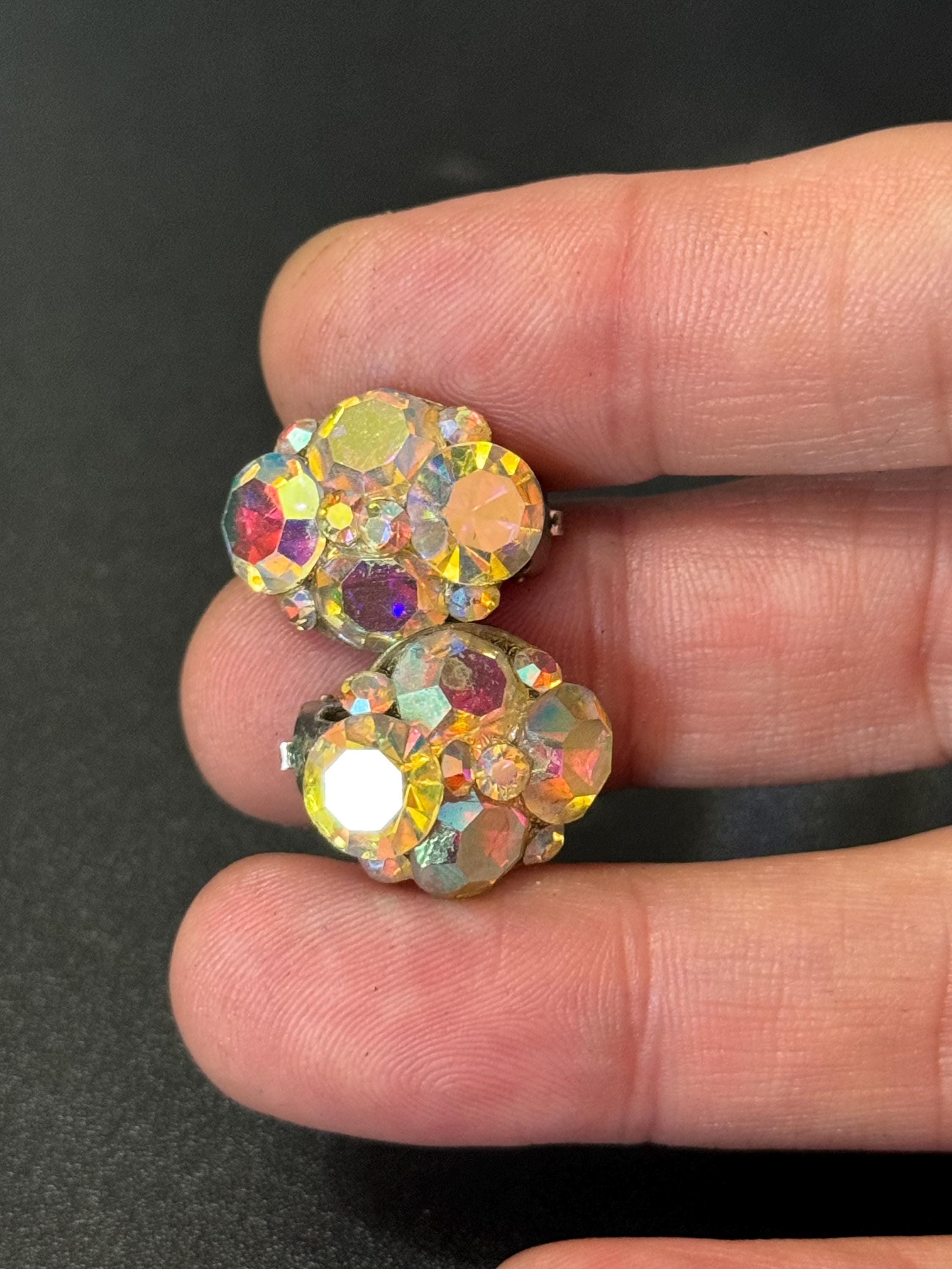 Small Vintage clear rainbow AB lustre glass rhinestone Cluster Clip On stud Earrings