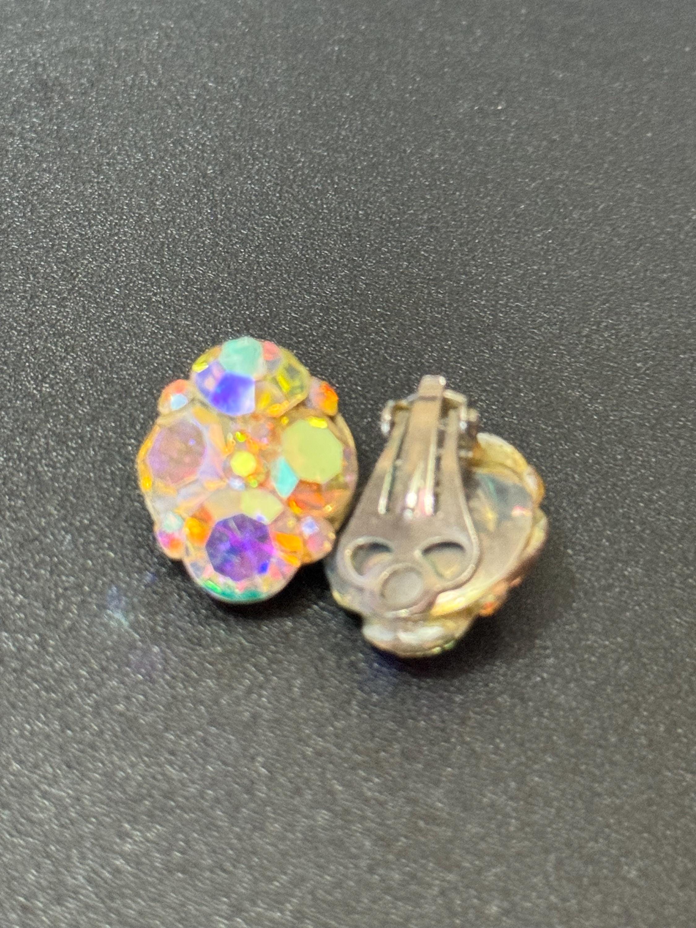 Small Vintage clear rainbow AB lustre glass rhinestone Cluster Clip On stud Earrings