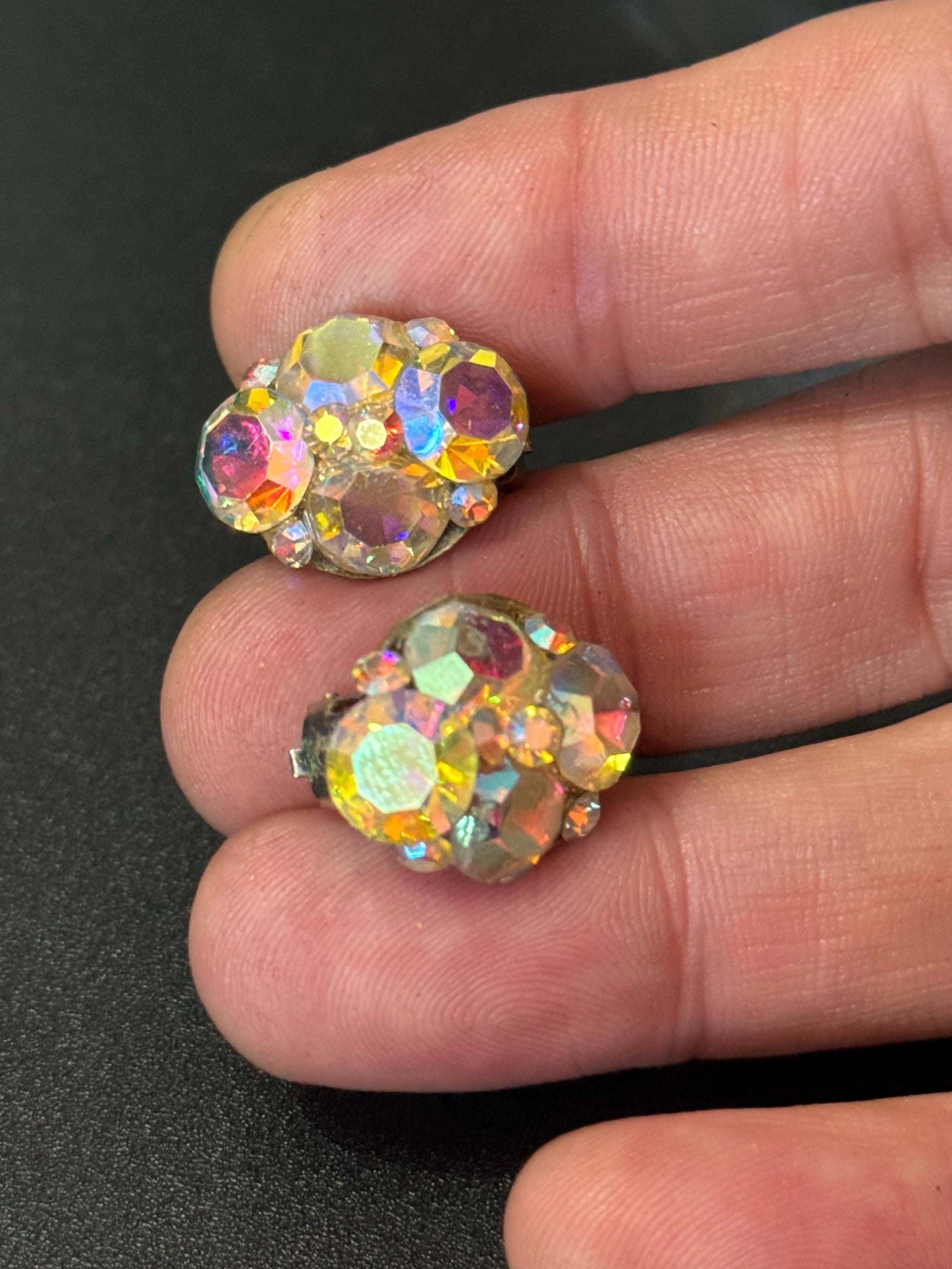 Small Vintage clear rainbow AB lustre glass rhinestone Cluster Clip On stud Earrings