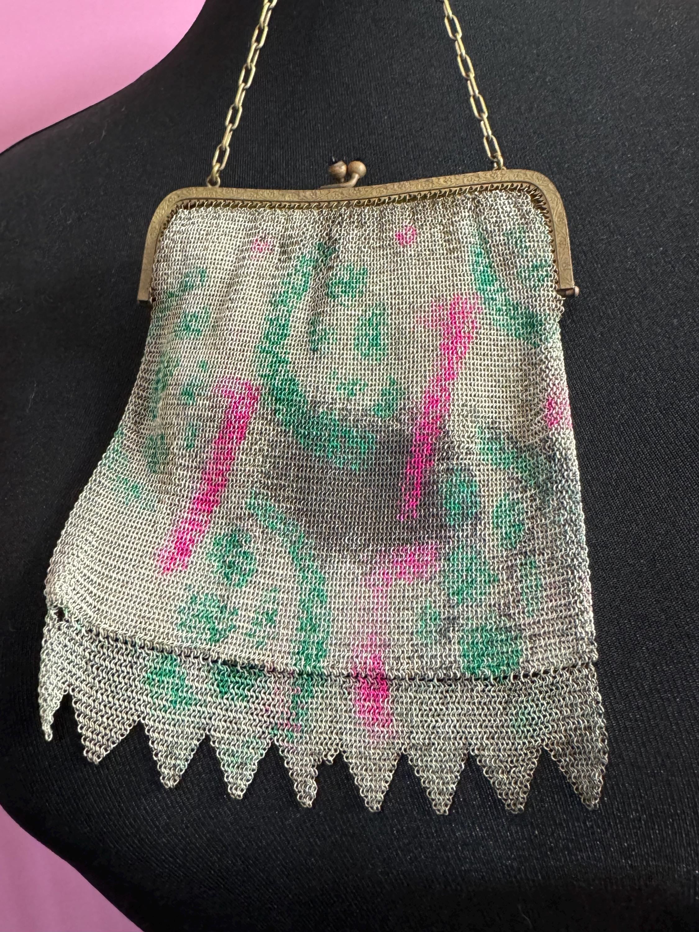 As found Antique pink green cold painted mesh chainmail evening bag black onyx clasp