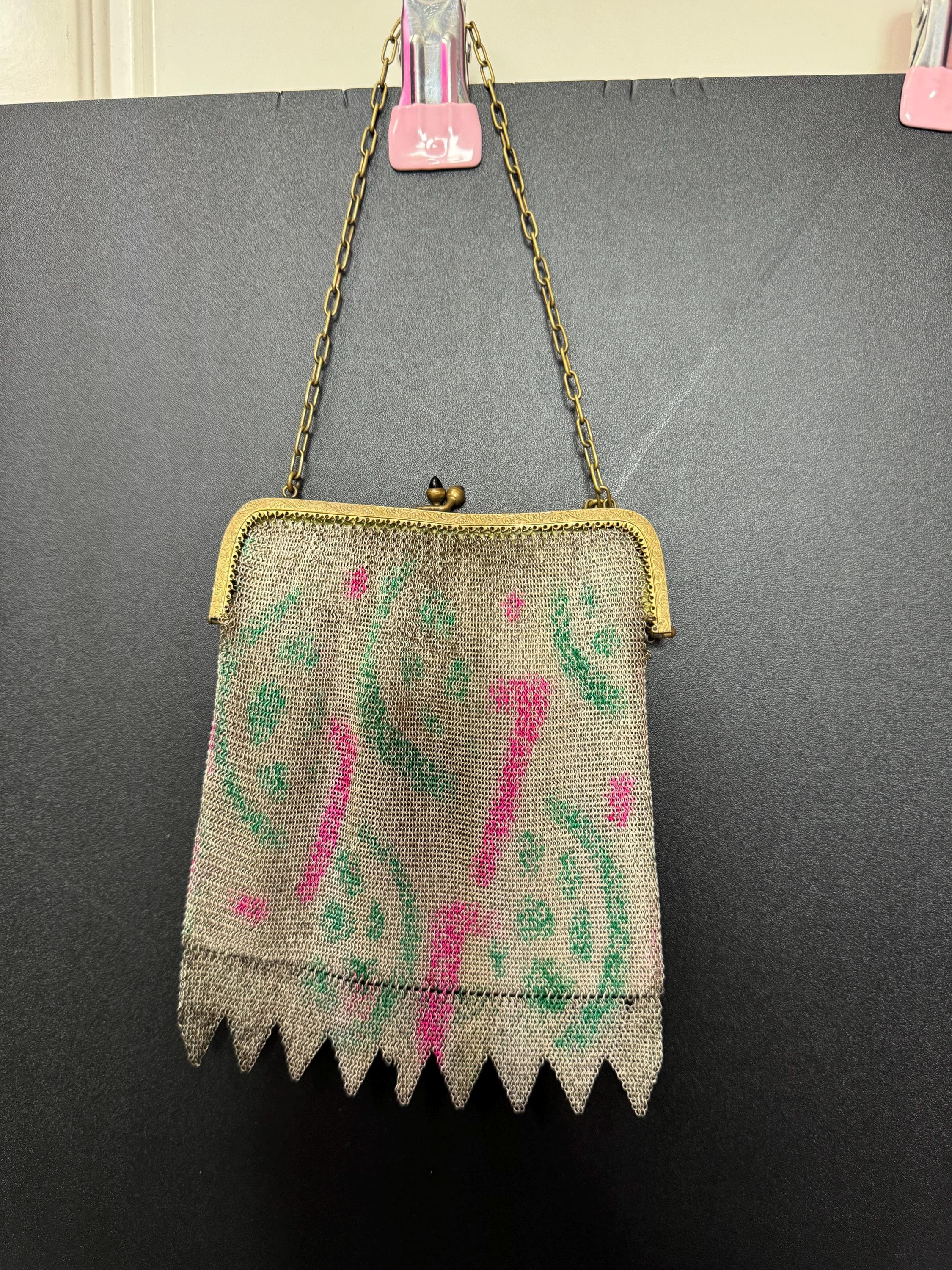 As found Antique pink green cold painted mesh chainmail evening bag black onyx clasp