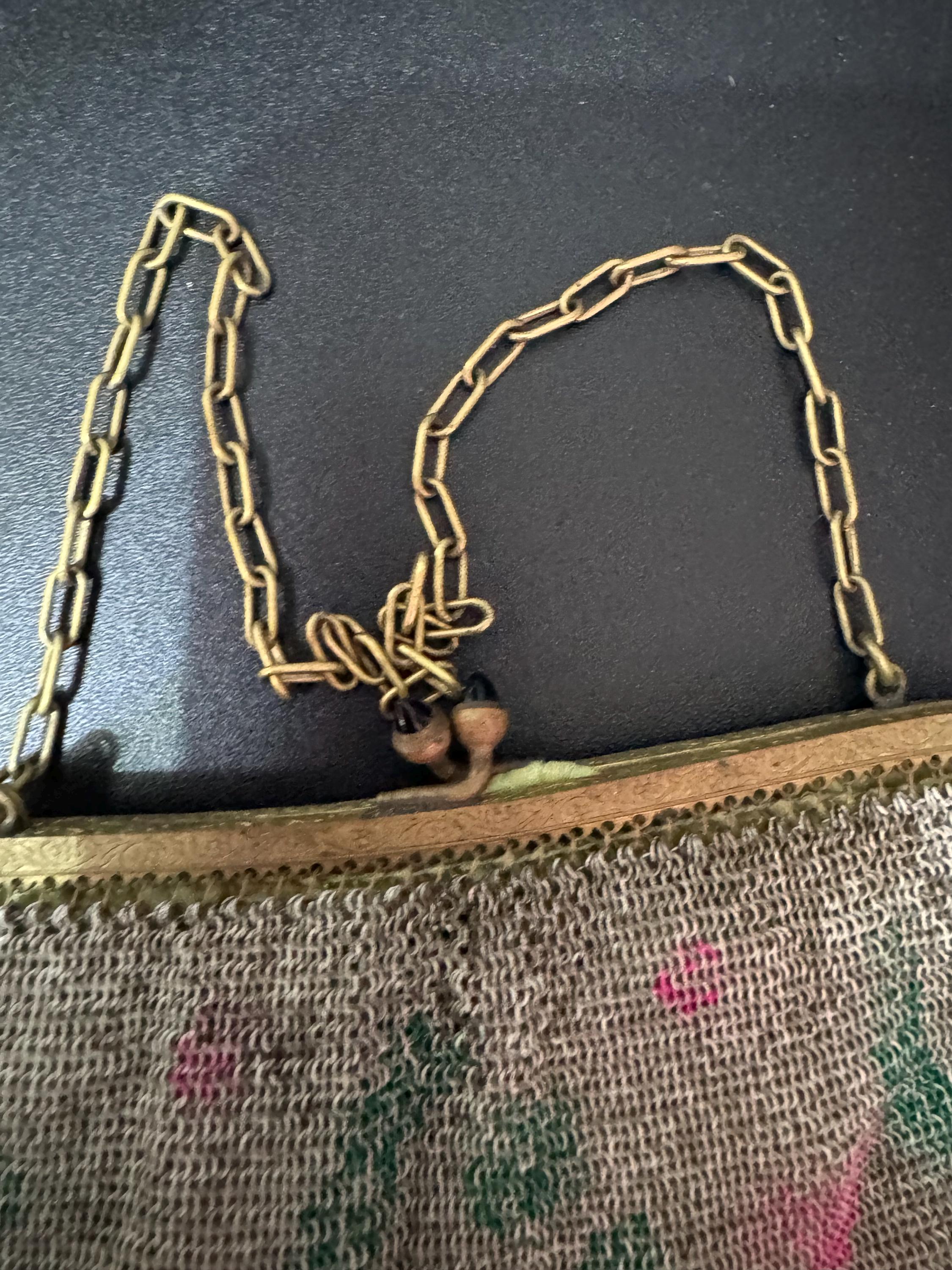 As found Antique pink green cold painted mesh chainmail evening bag black onyx clasp