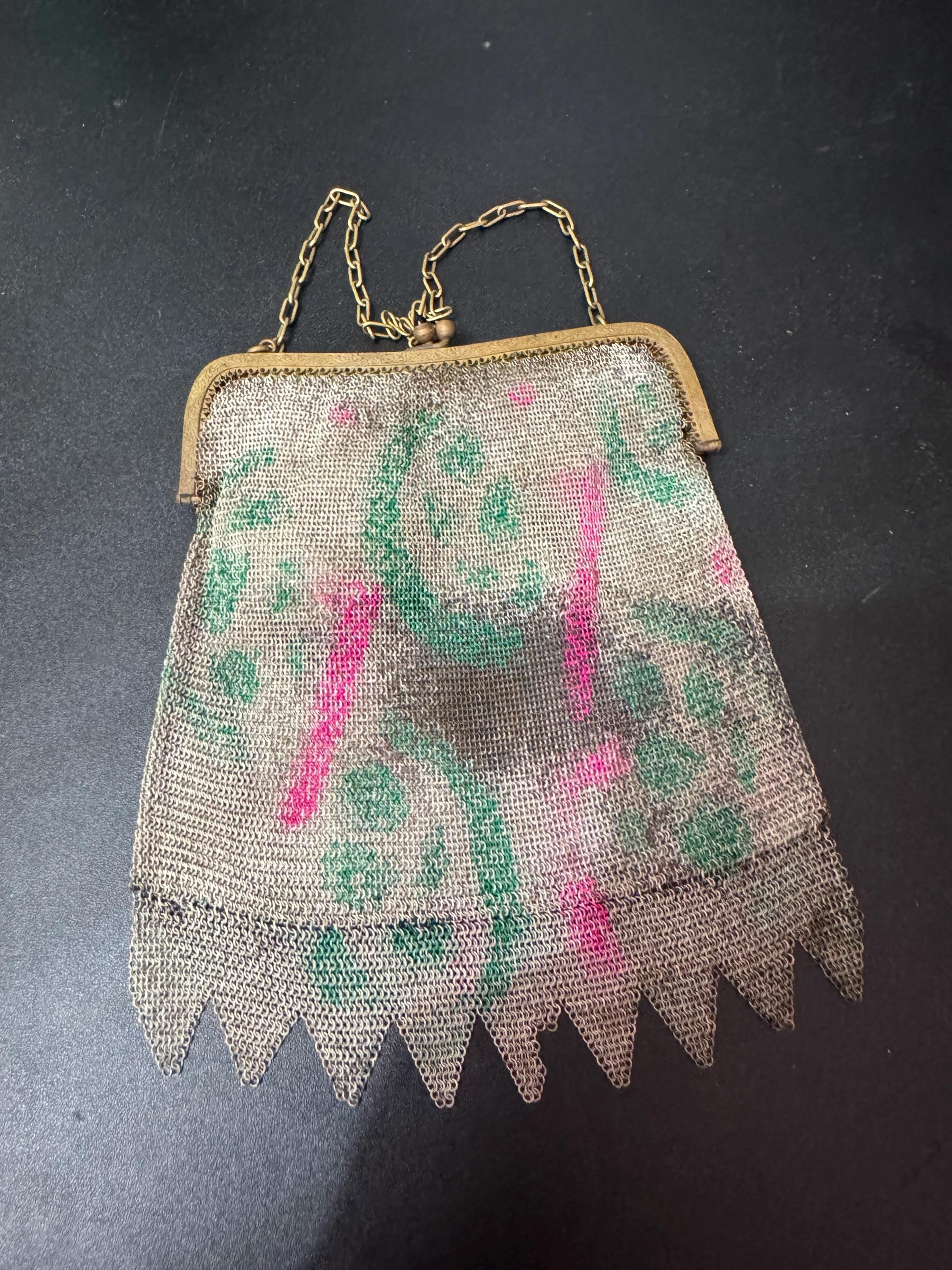 As found Antique pink green cold painted mesh chainmail evening bag black onyx clasp