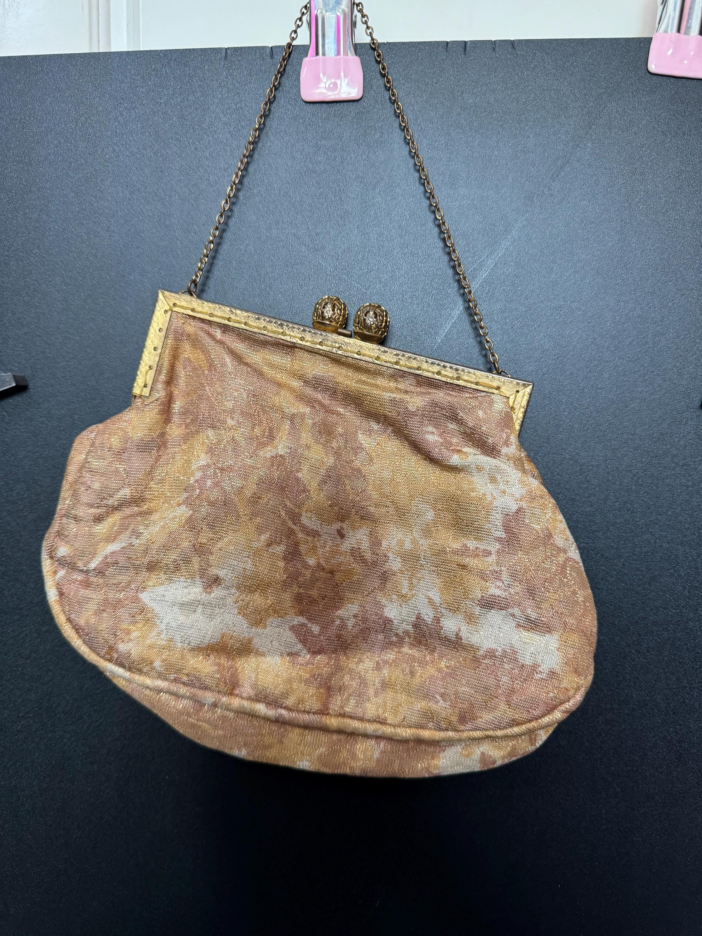 Vintage art deco gold orange brown autumnal toned gold Brocade Evening Bag Purse 1940s
