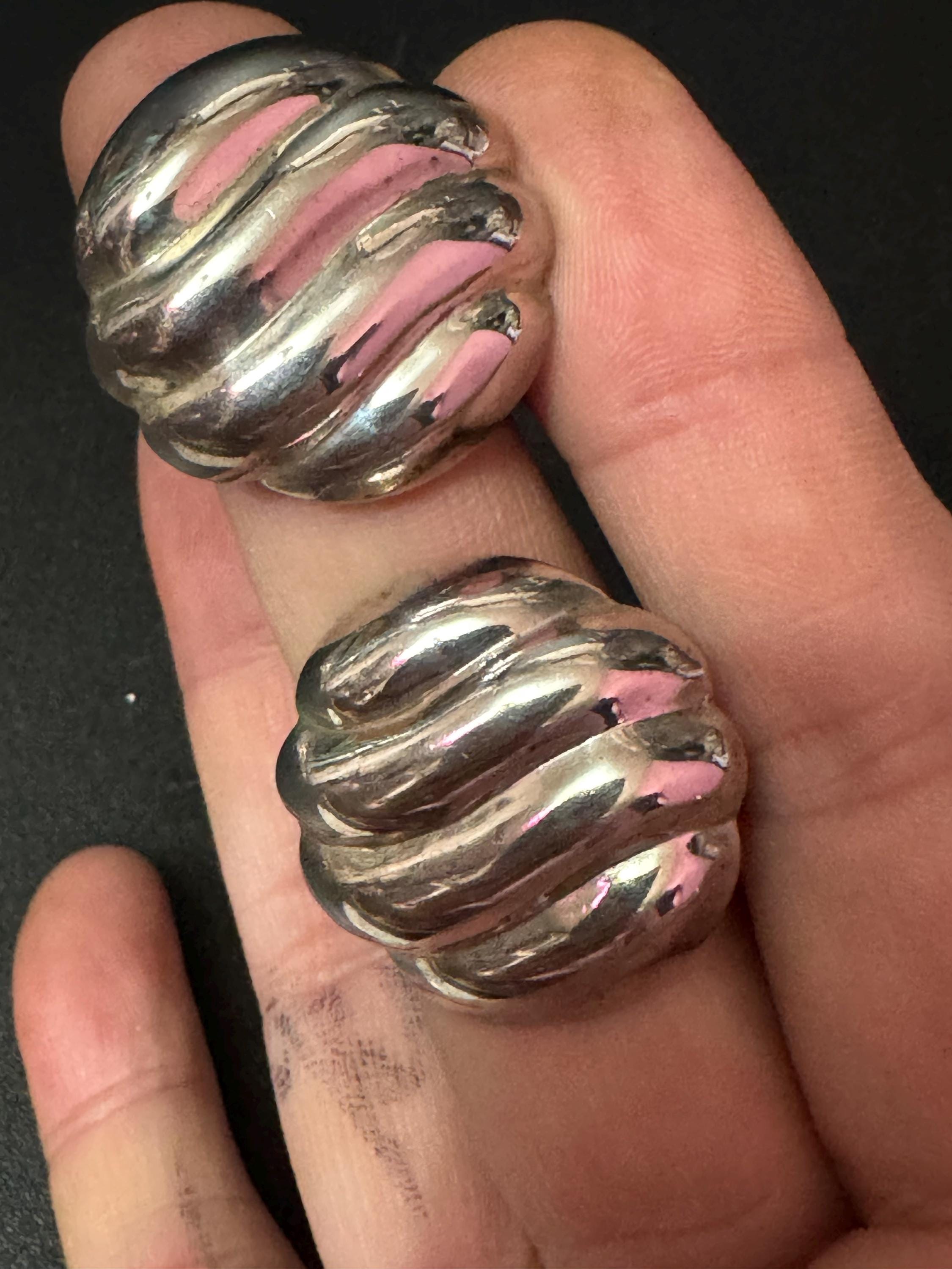 Vintage 925 puffy modernist textured sterling silver clip on earrings 2.5 hollow