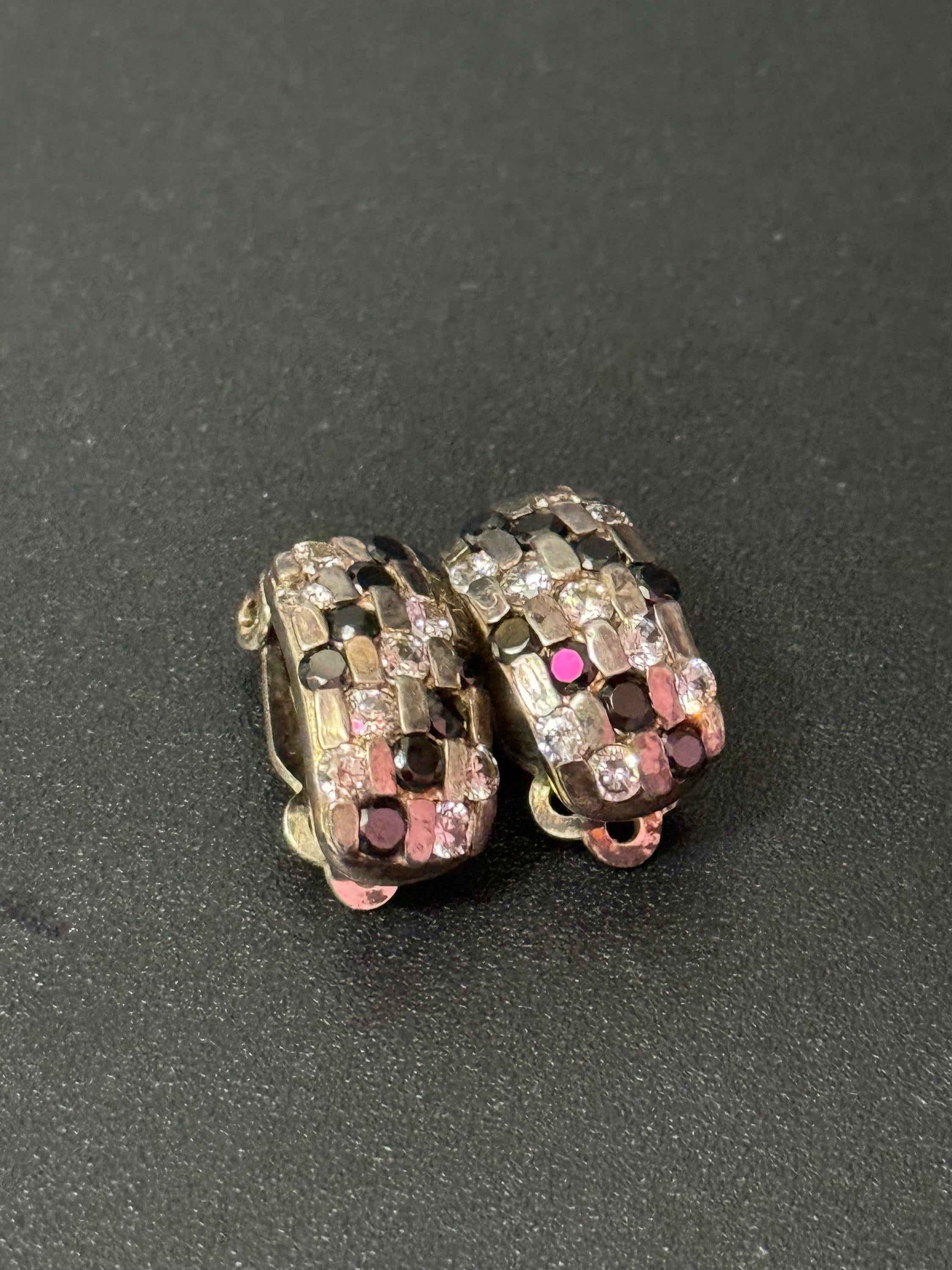 Vintage black Diamanté Clip On Earrings: Sterling Silver Crystal, Elegant Design