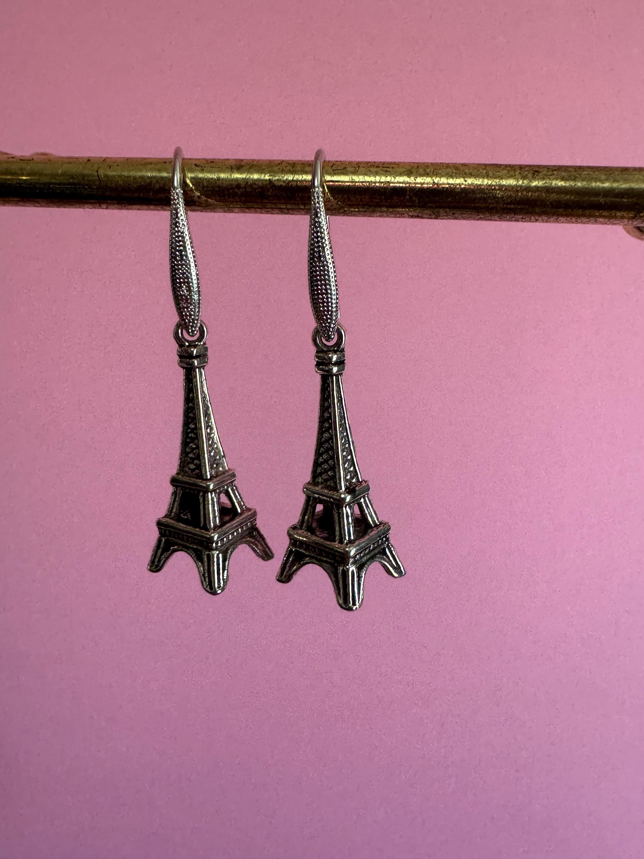 french Eiffel Tower drop earrings for pierced ears 18k rhodium plated wires silver tone