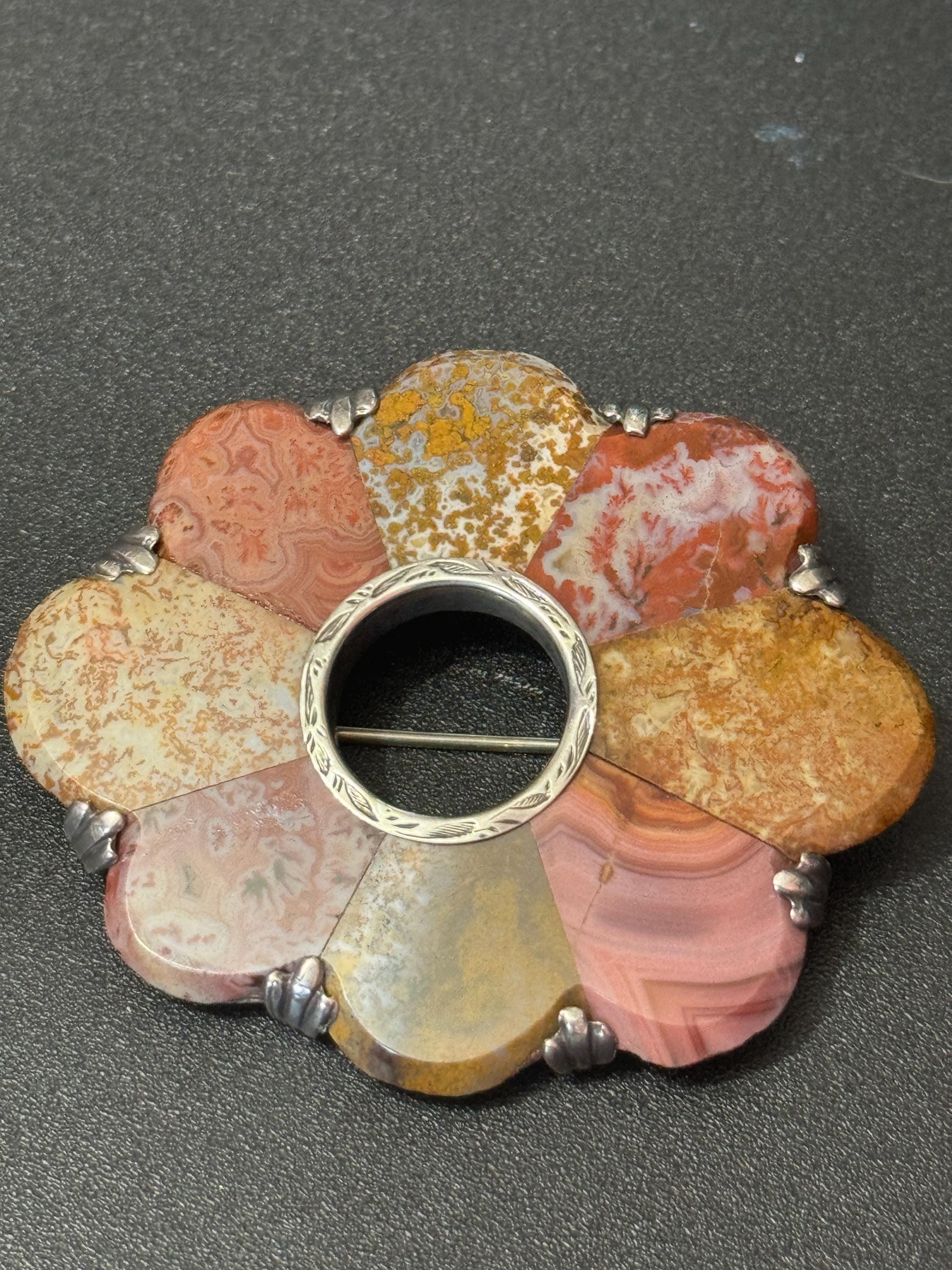 Antique sterling silver large scottish silver agate pebble brooch with c clasp celtic highlands broach 925