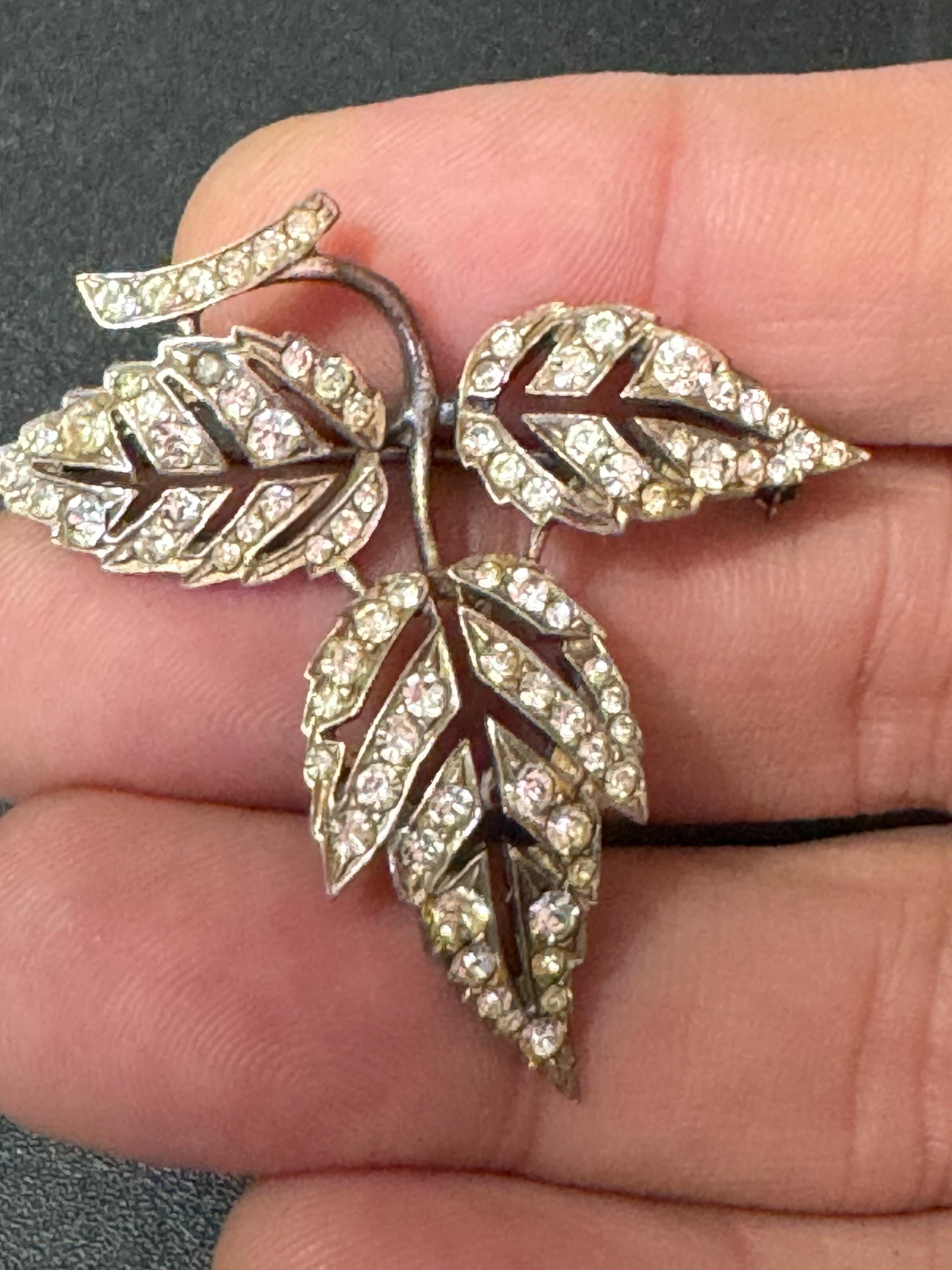 Uk Sterling 925 silver fine floral leaf brooch with clear diamanté 4.5cm