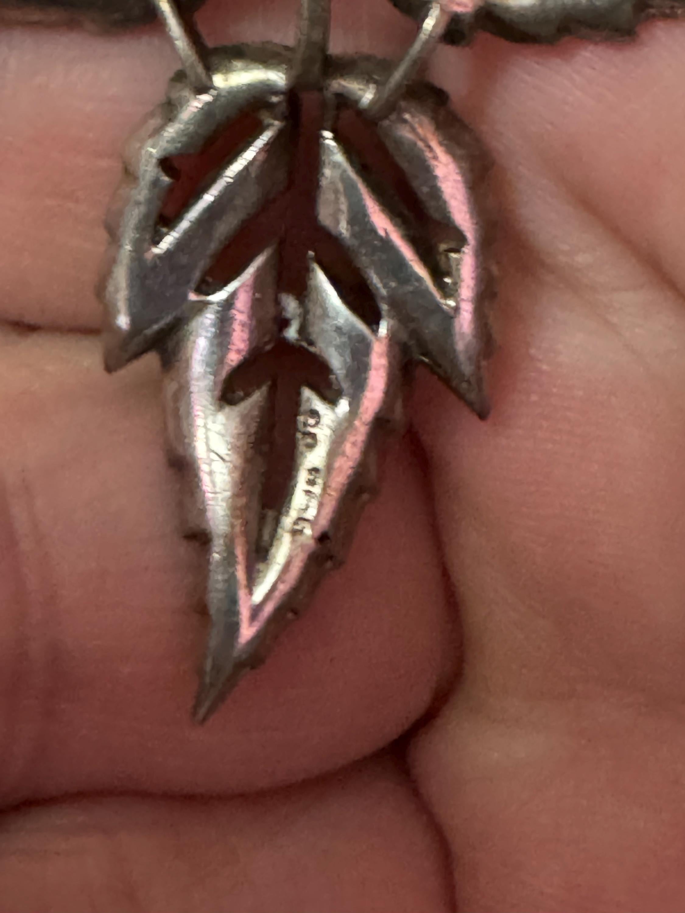 Uk Sterling 925 silver fine floral leaf brooch with clear diamanté 4.5cm