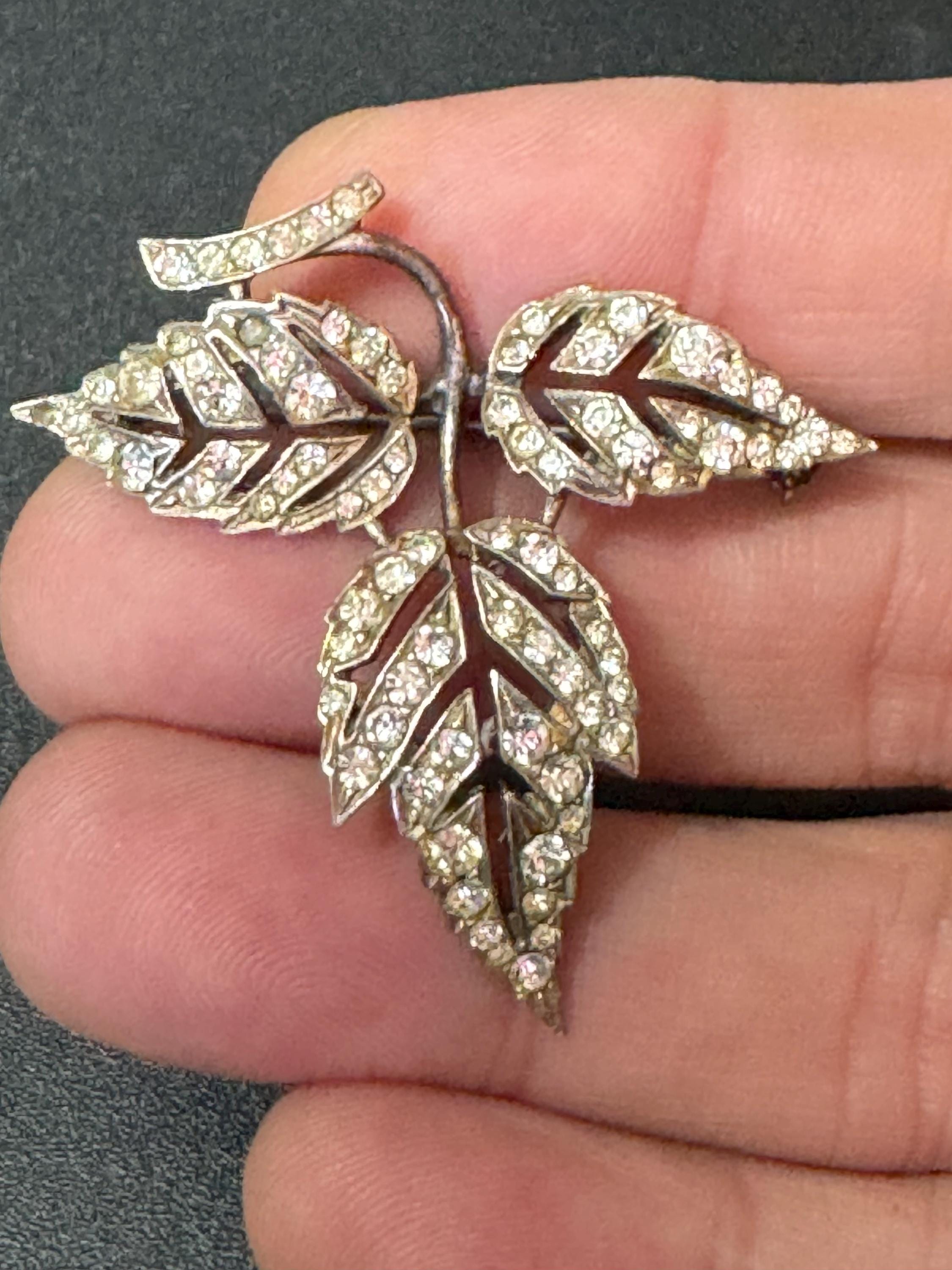 Uk Sterling 925 silver fine floral leaf brooch with clear diamanté 4.5cm