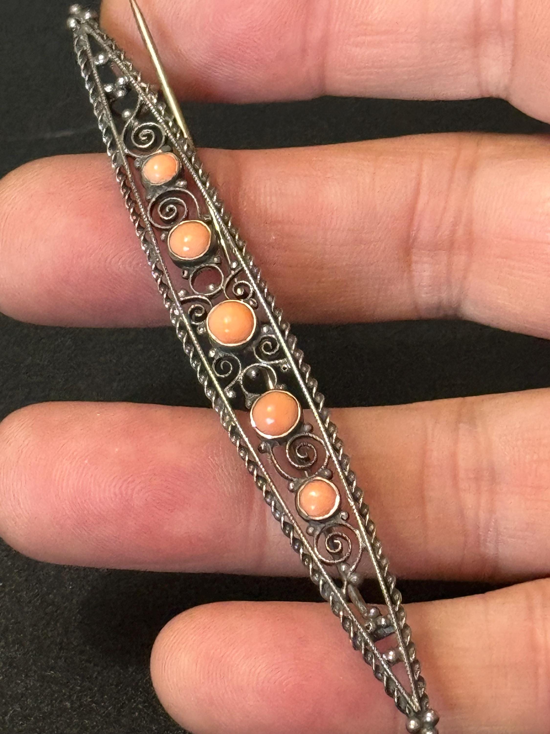 Antique 800 grade GB silver filigree long bar Brooch with coral gemstone cabochons c clasp stamped
