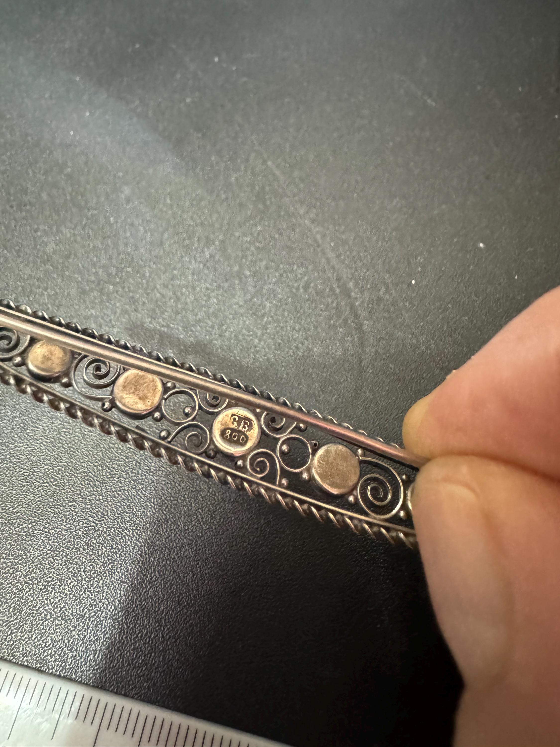 Antique 800 grade GB silver filigree long bar Brooch with coral gemstone cabochons c clasp stamped