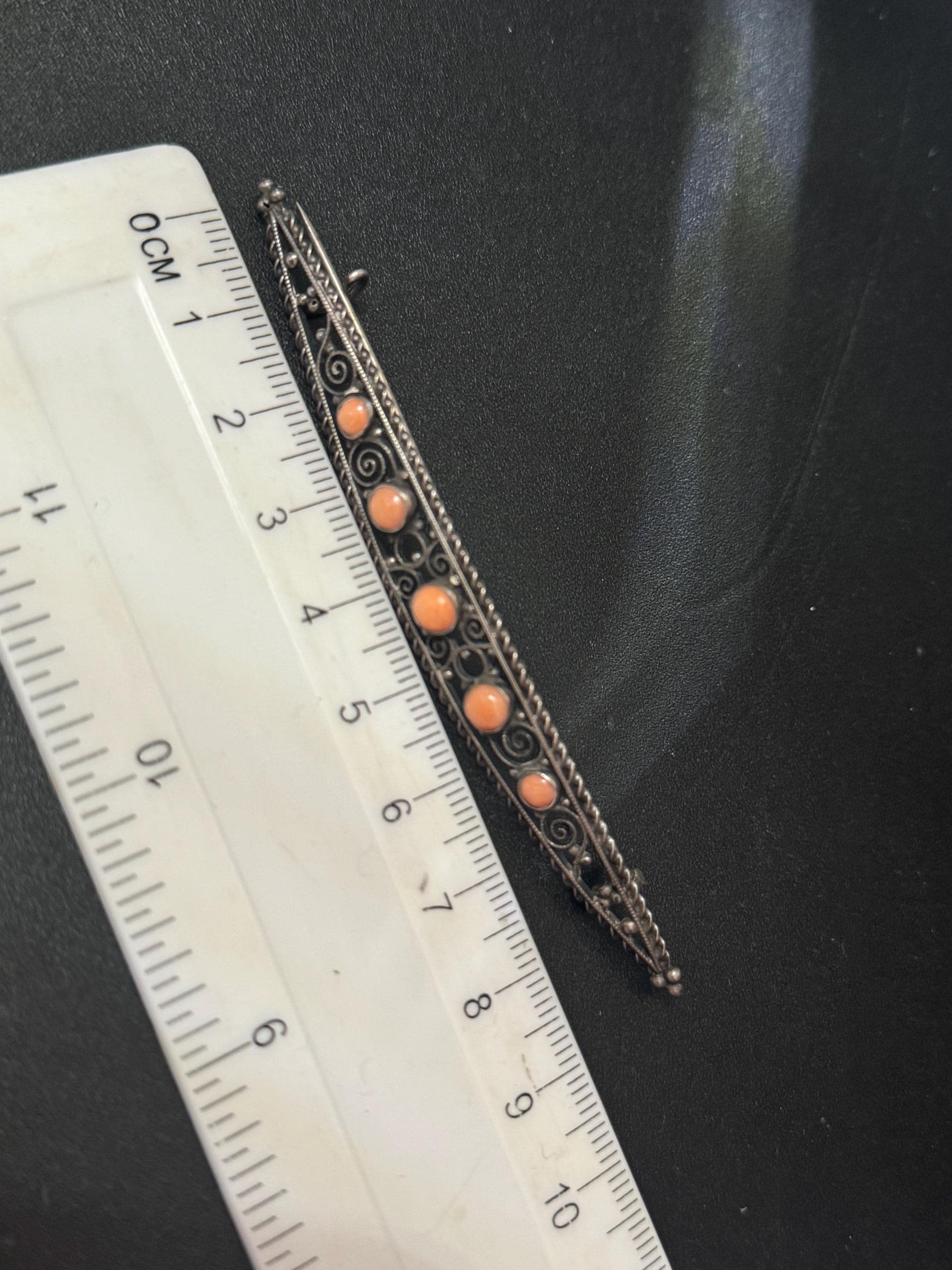 Antique 800 grade GB silver filigree long bar Brooch with coral gemstone cabochons c clasp stamped