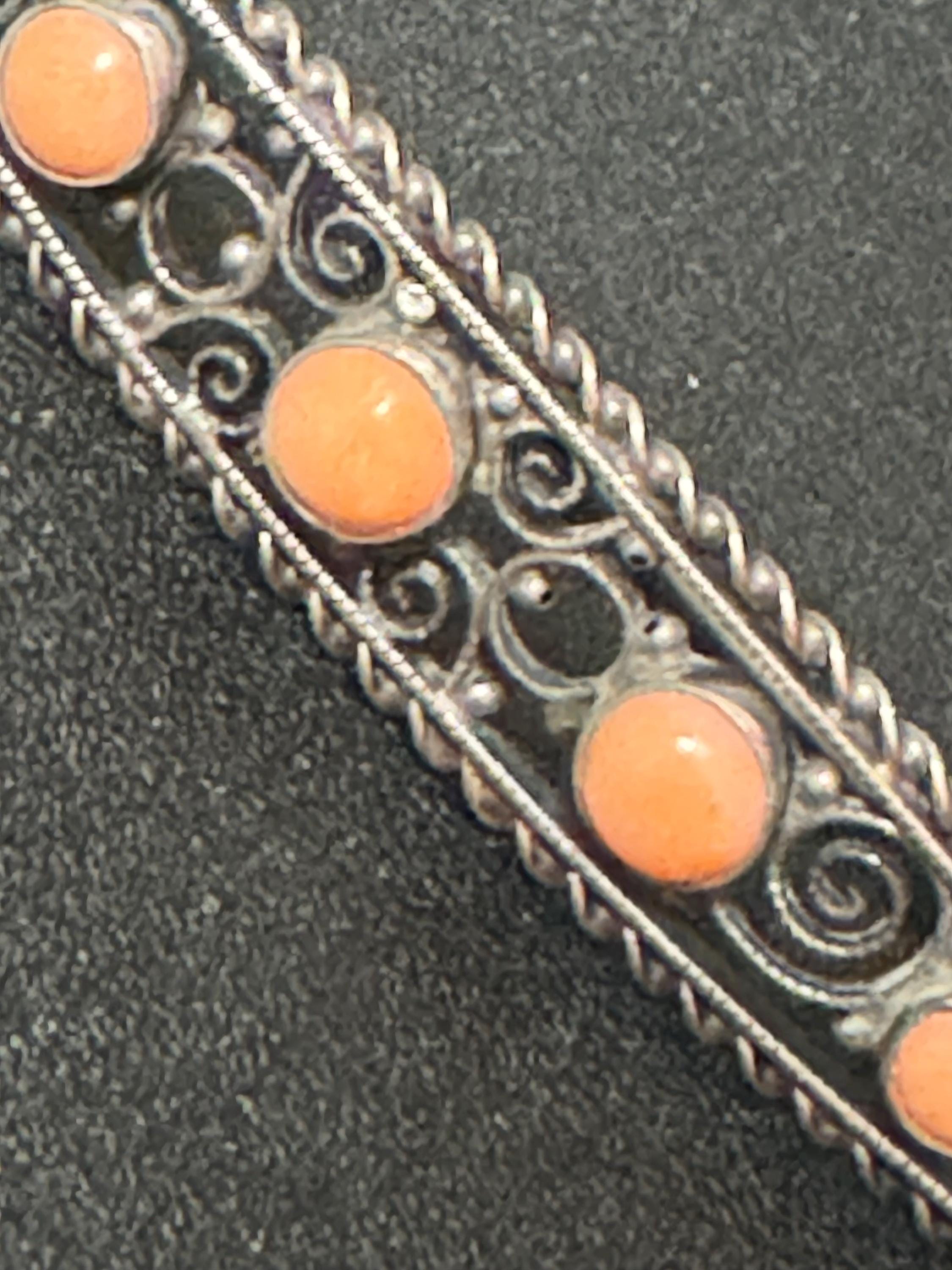 Antique 800 grade GB silver filigree long bar Brooch with coral gemstone cabochons c clasp stamped