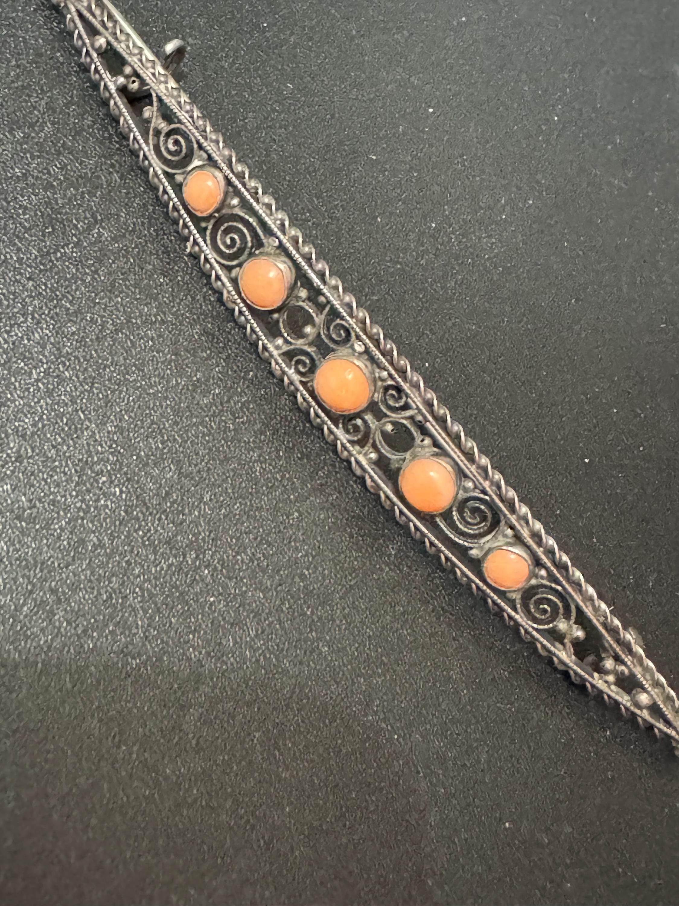 Antique 800 grade GB silver filigree long bar Brooch with coral gemstone cabochons c clasp stamped