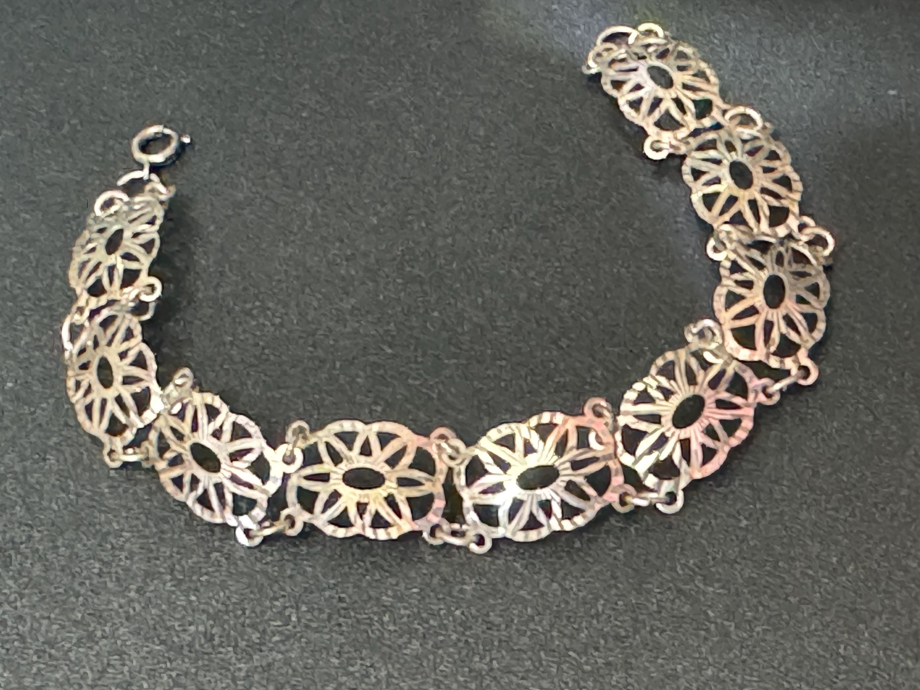 Vintage dainty 925 sterling silver cut out filigree panel link bracelet 17.5cm 4.9 grams