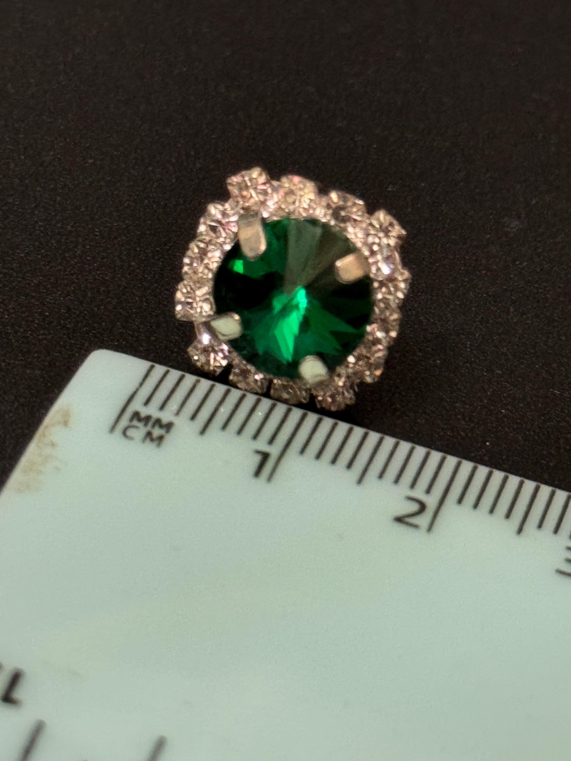 Emerald green and clear glass Rhinestone large stud pierced Earrings silver tone