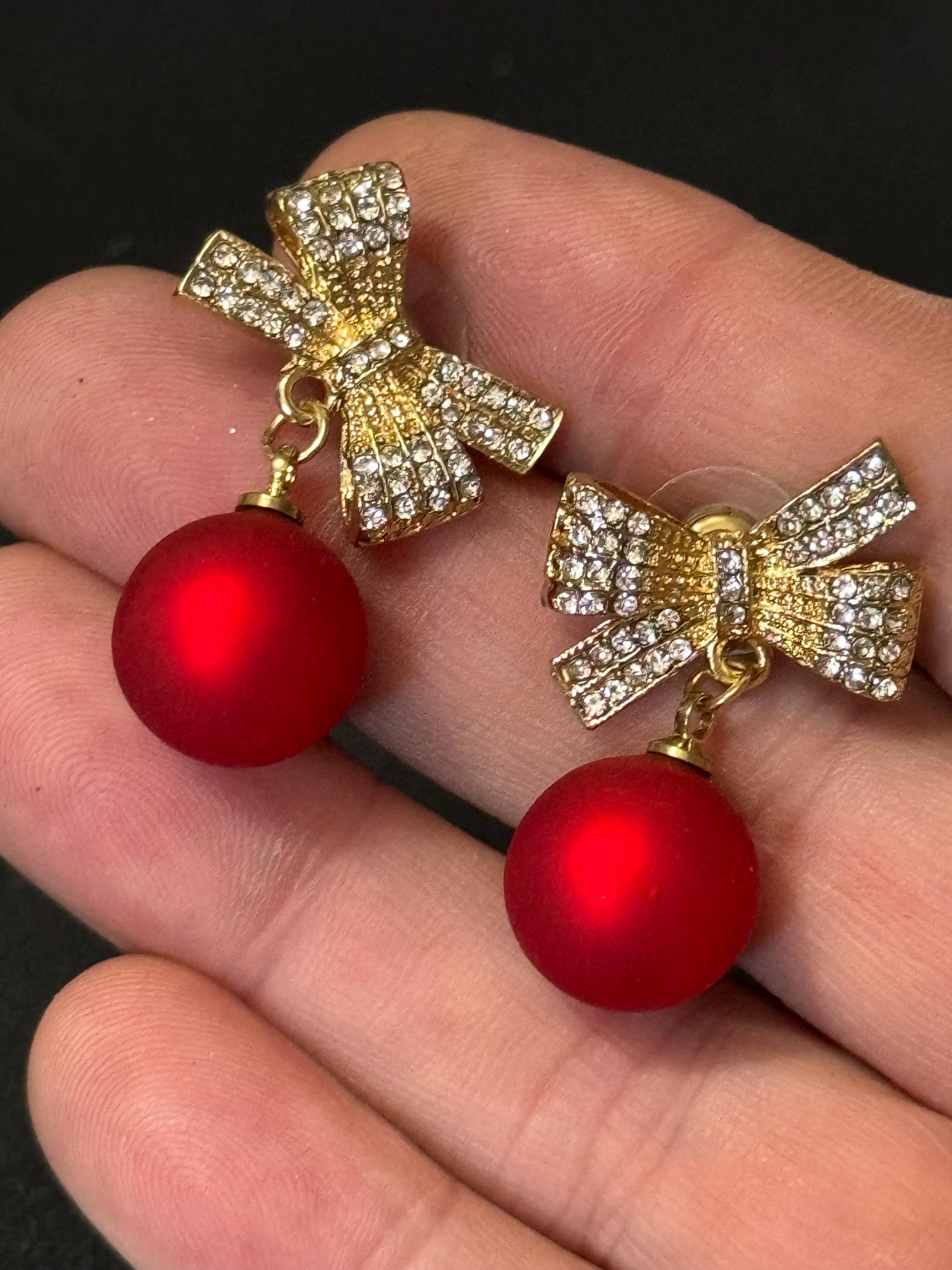 retro gold tone red pearl dangly drop diamante bow earrings for pierced ears