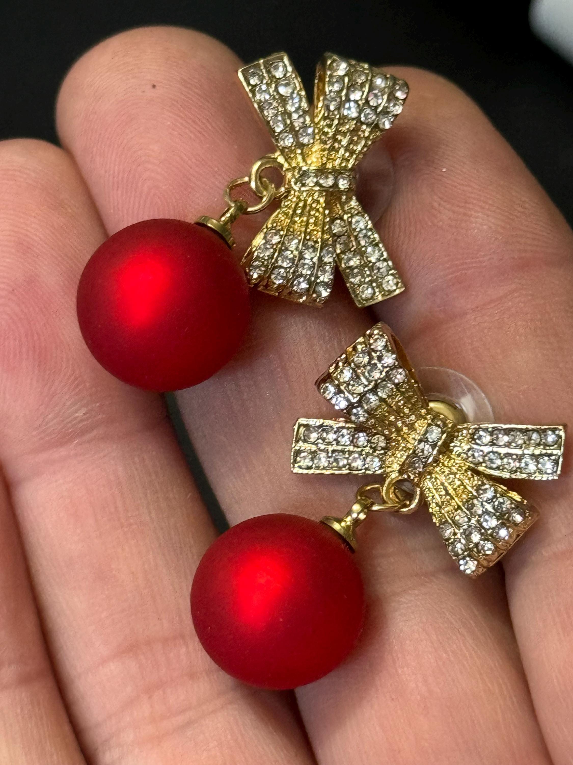 retro gold tone red pearl dangly drop diamante bow earrings for pierced ears