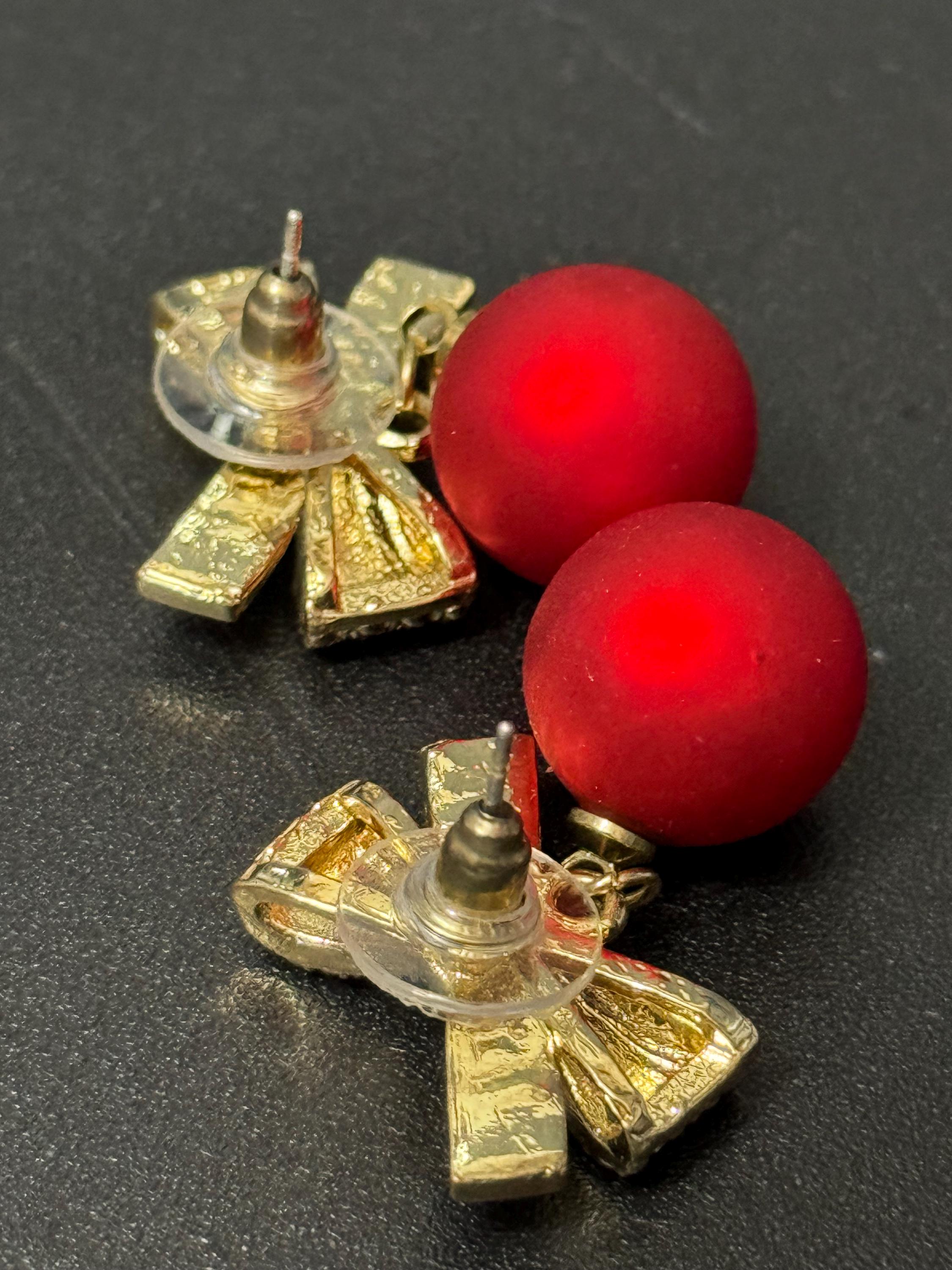retro gold tone red pearl dangly drop diamante bow earrings for pierced ears