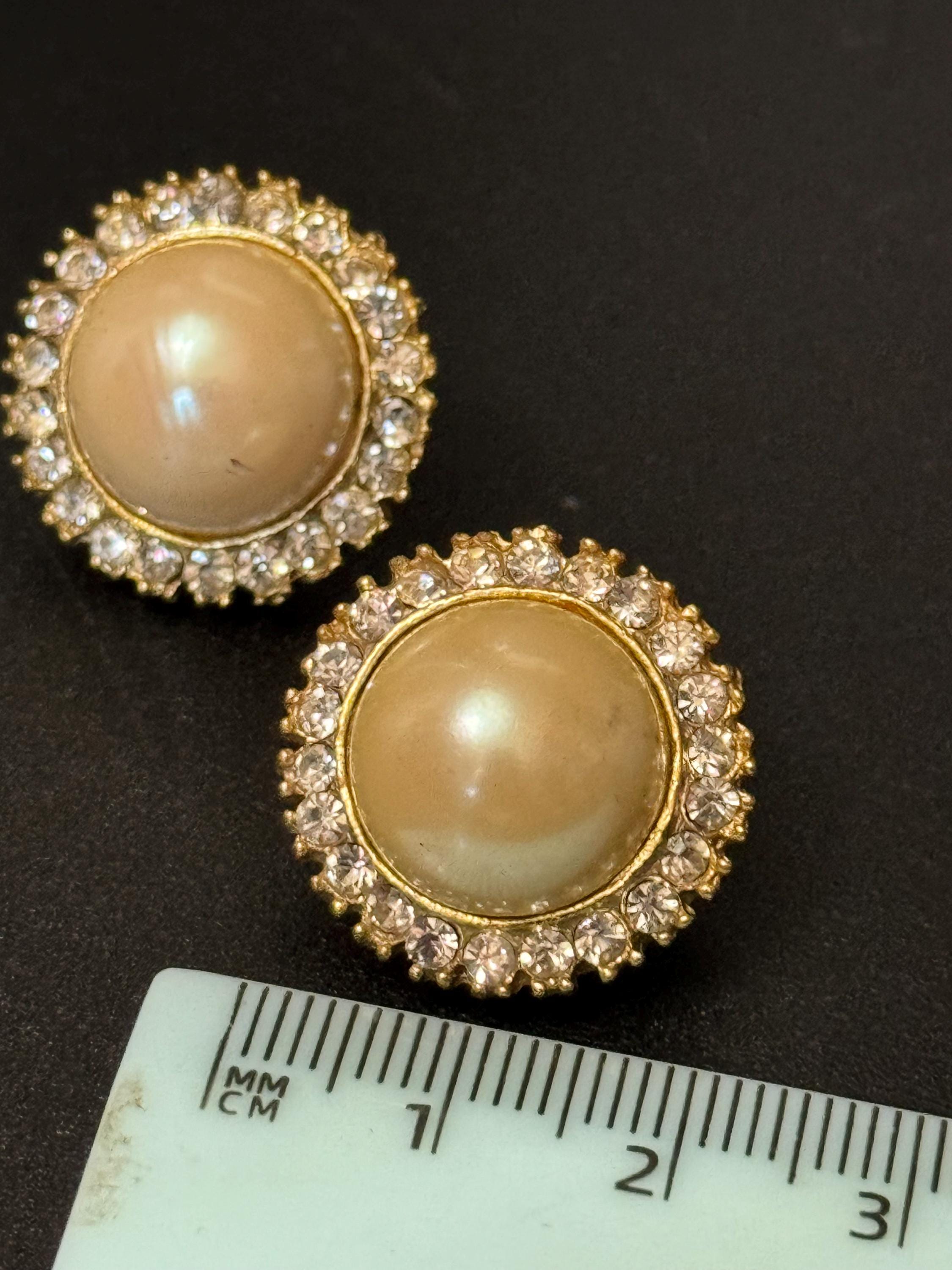 Vintage gold tone & clear diamanté paste stone with domed faux pearl cabochon stud earrings for pierced ears