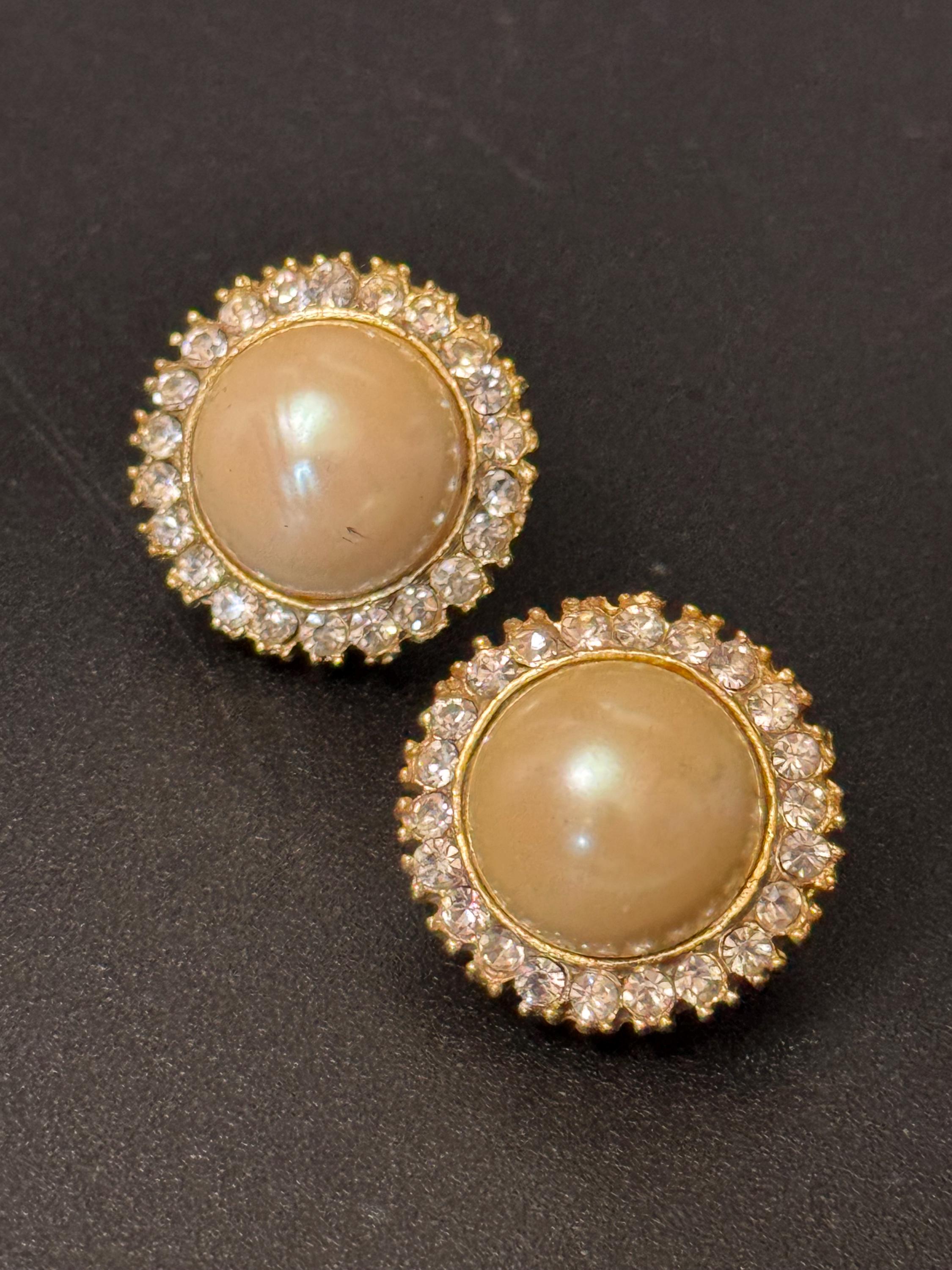 Vintage gold tone & clear diamanté paste stone with domed faux pearl cabochon stud earrings for pierced ears