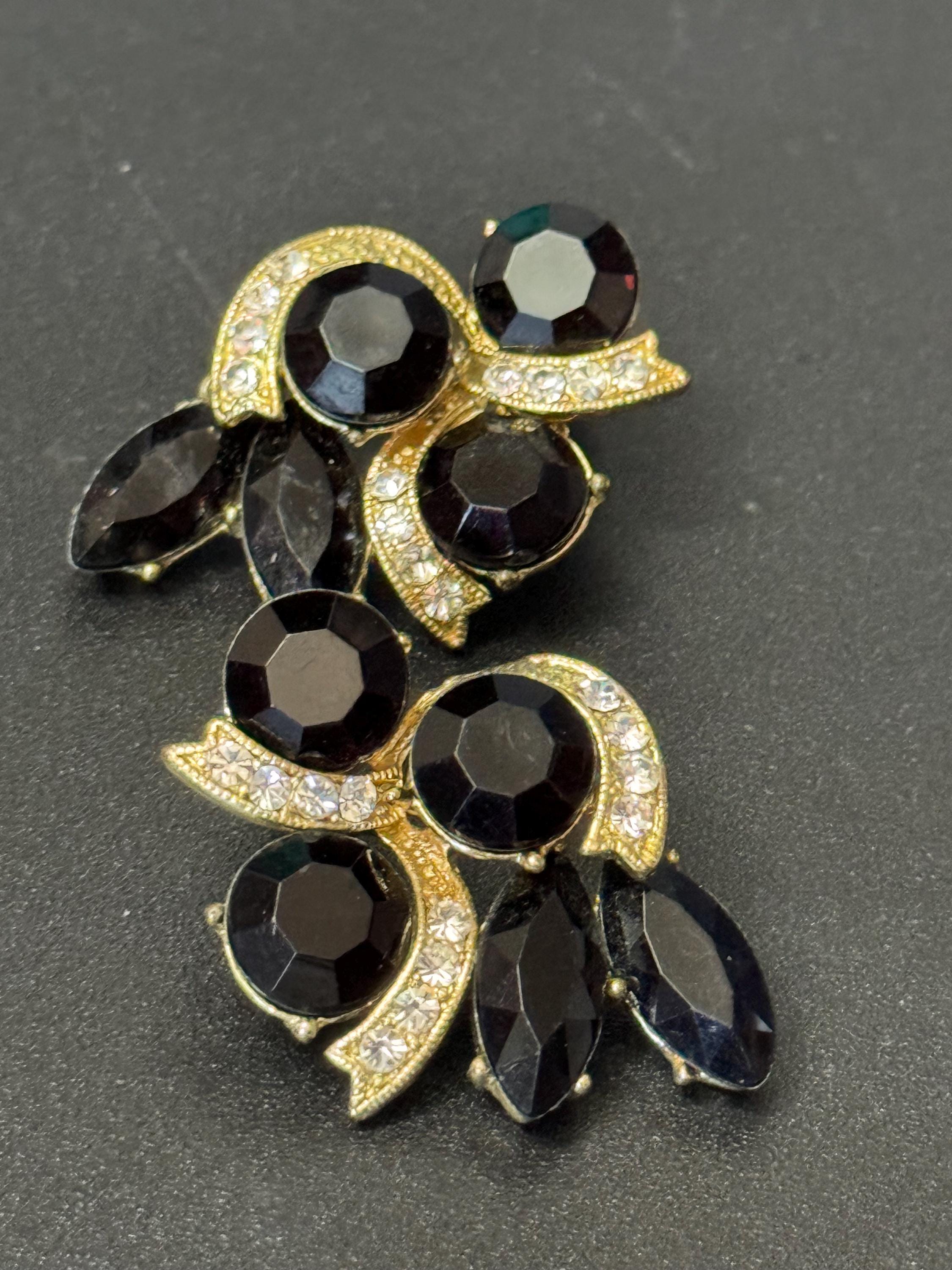 Large Vintage gold tone black & clear diamanté paste cluster crystal stud earrings