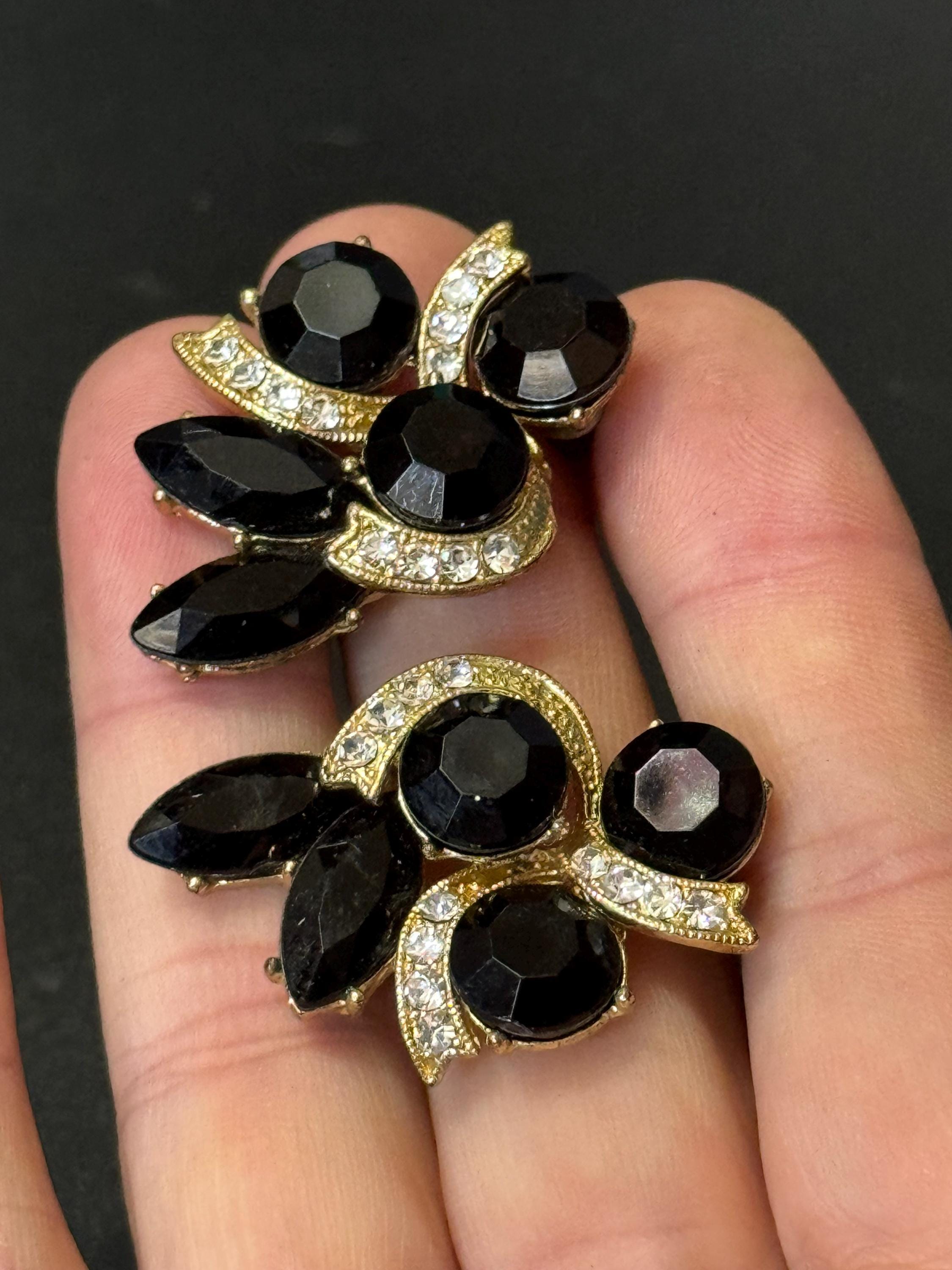 Large Vintage gold tone black & clear diamanté paste cluster crystal stud earrings