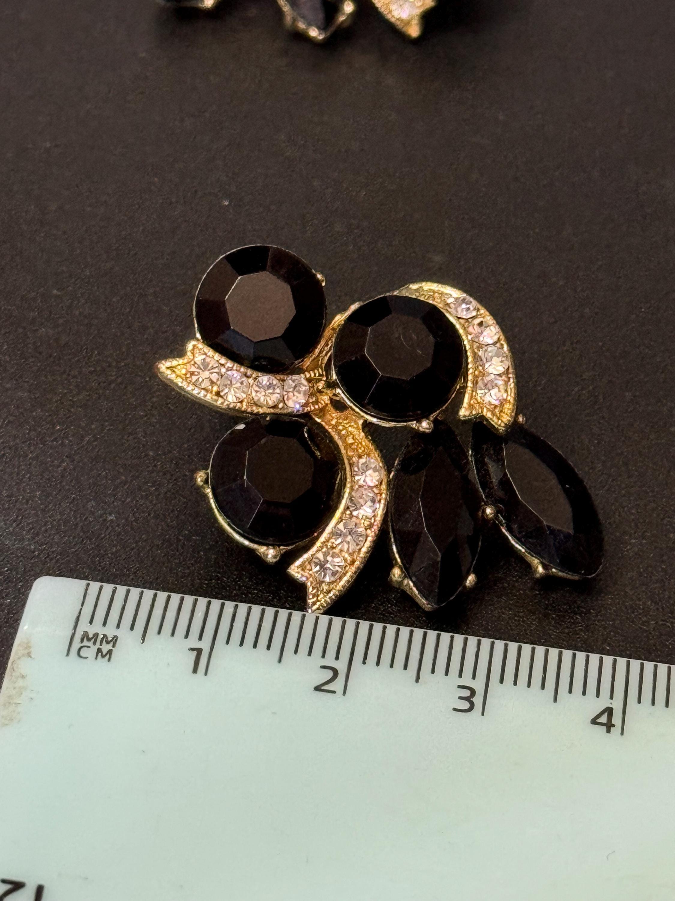 Large Vintage gold tone black & clear diamanté paste cluster crystal stud earrings