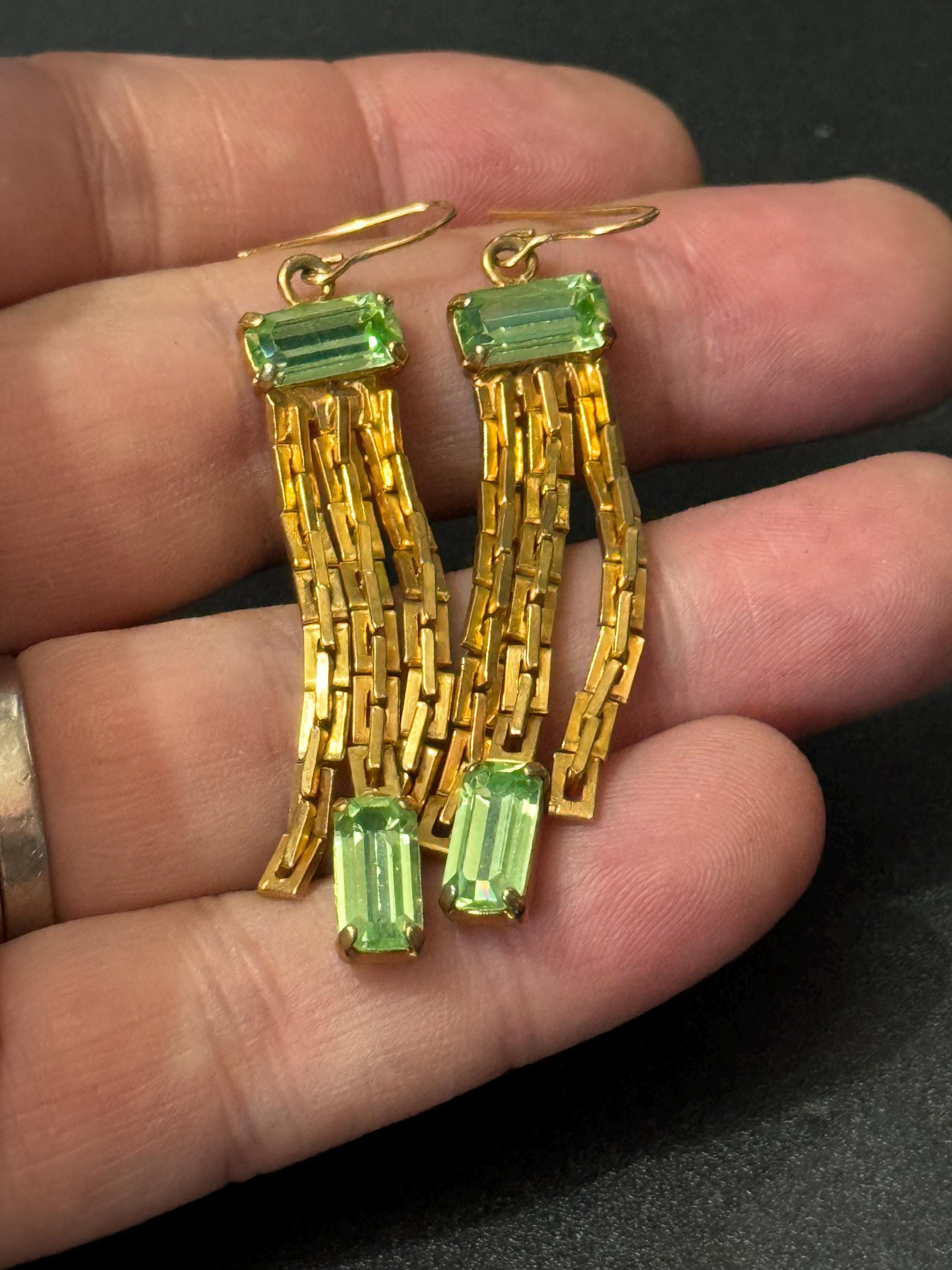 Vintage gold tone light green diamante drop chain earrings 1970s