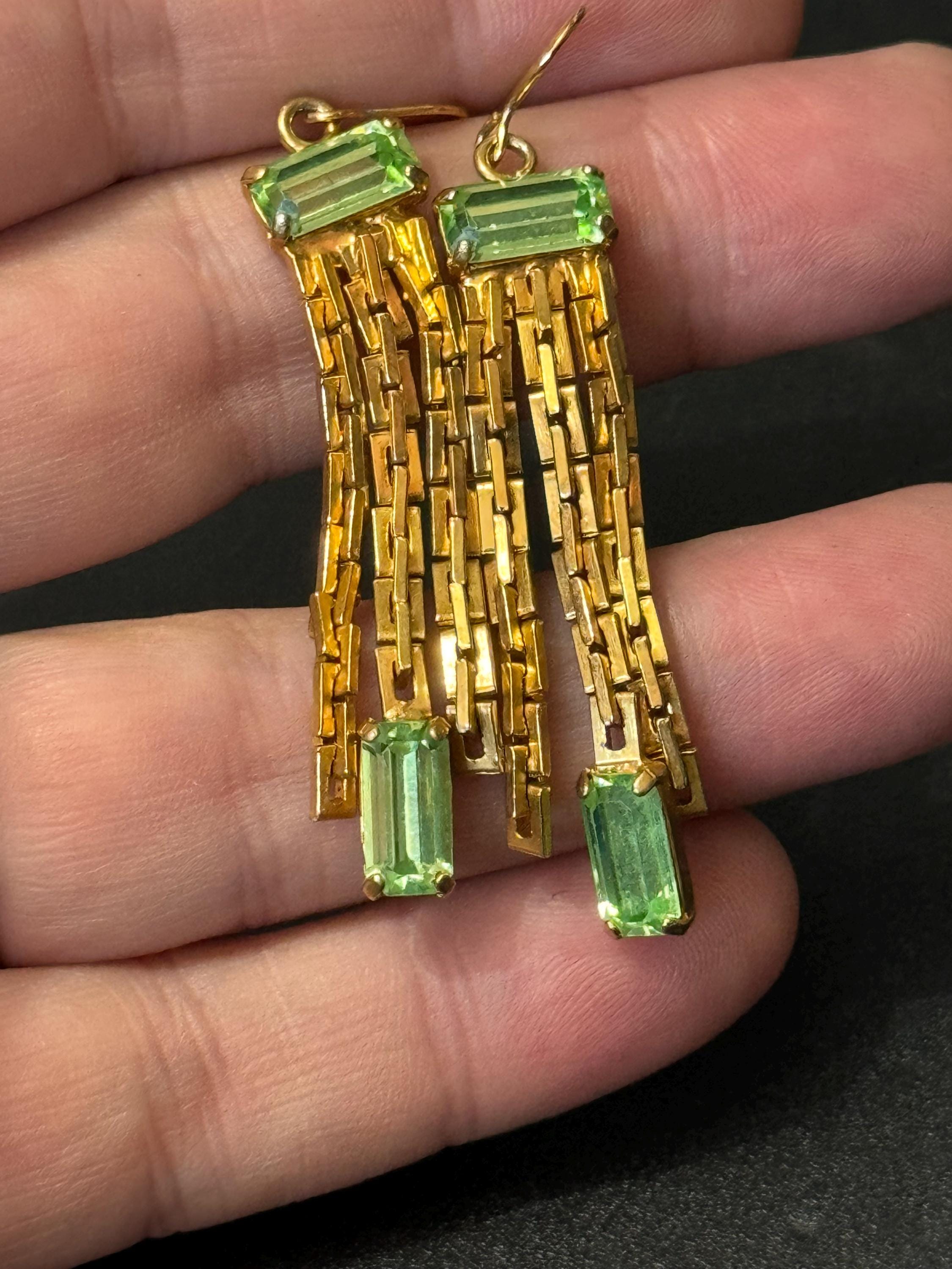 Vintage gold tone light green diamante drop chain earrings 1970s