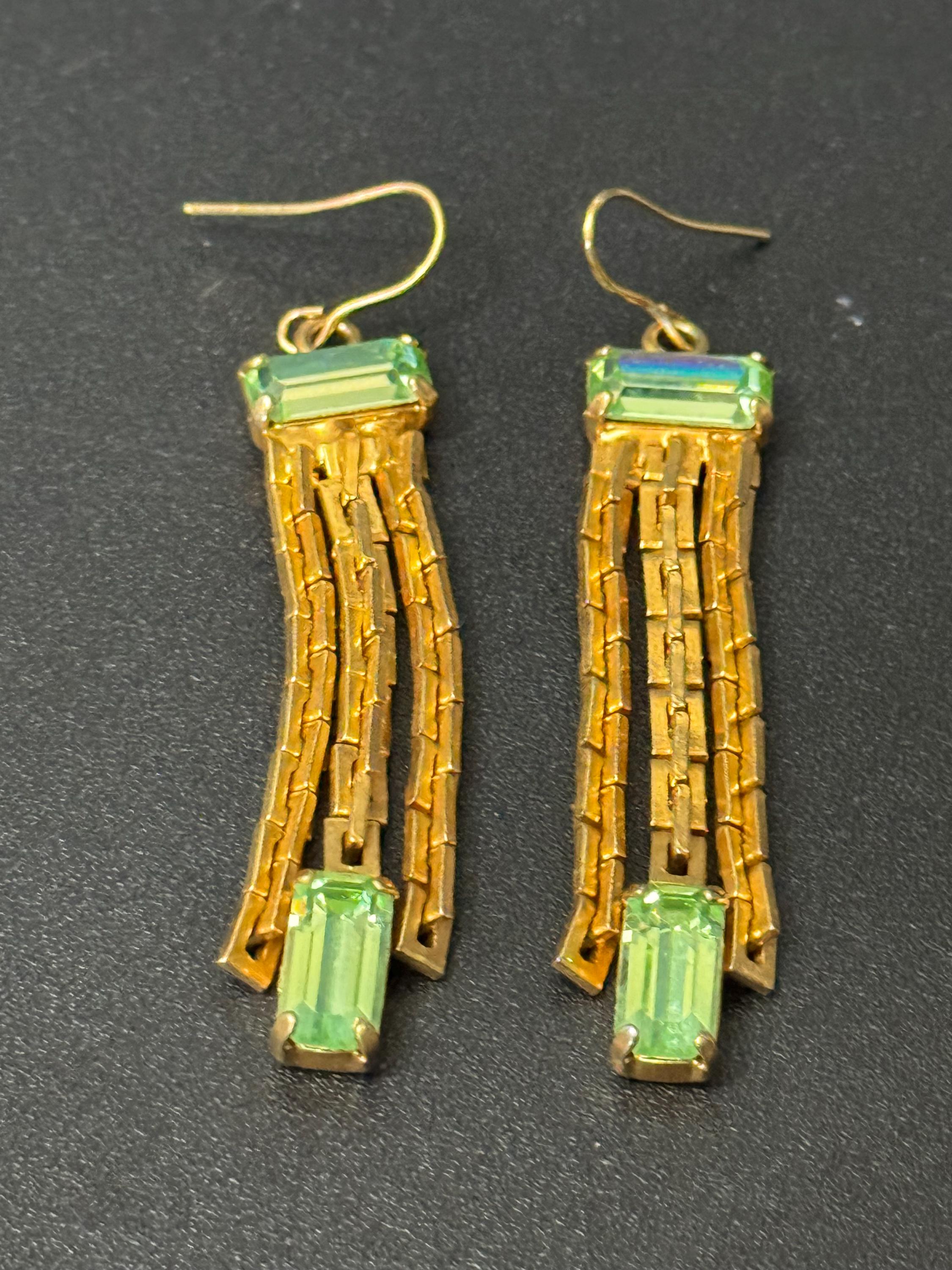 Vintage gold tone light green diamante drop chain earrings 1970s